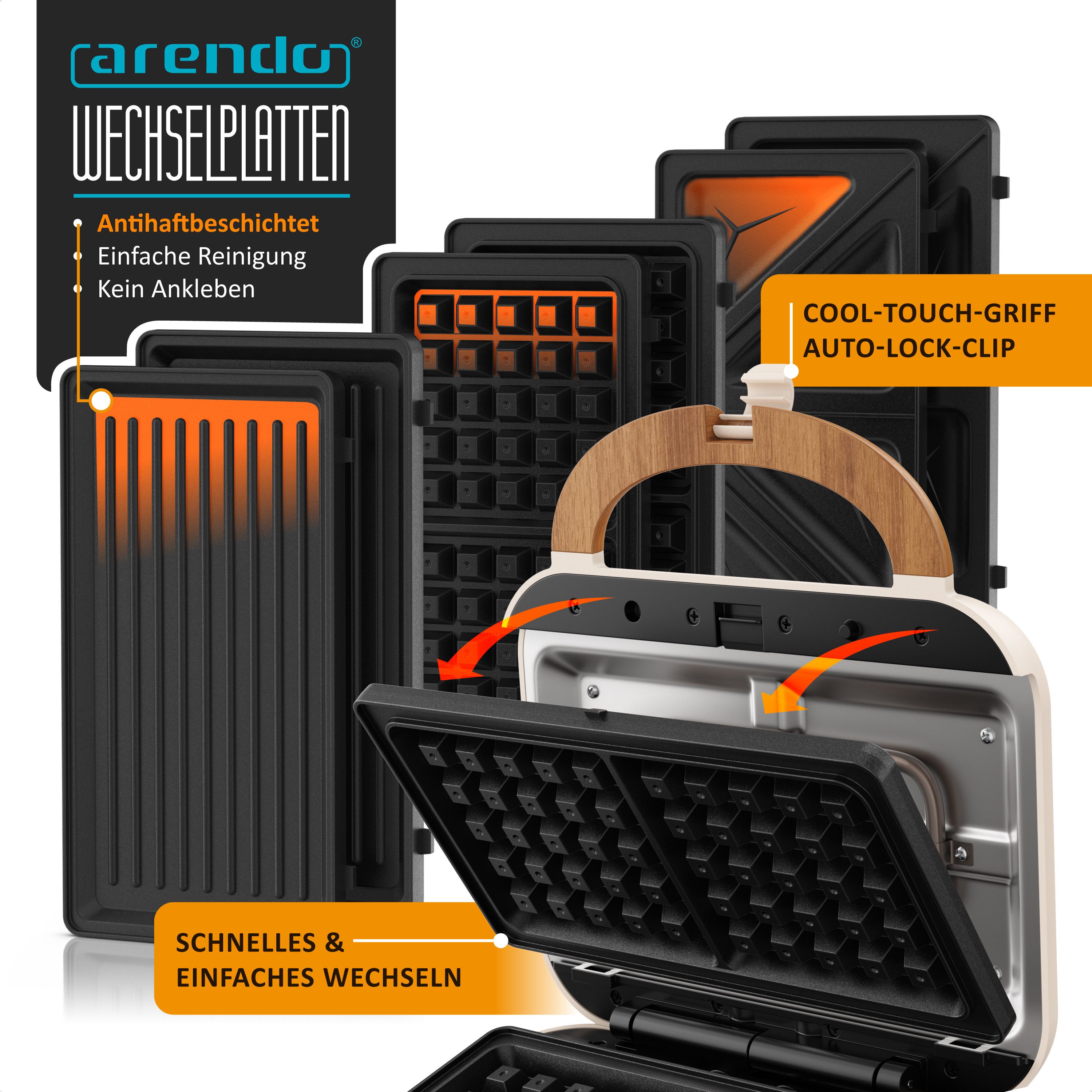 Arendo 3-in-1-Sandwichmaker 3in1 Sandwichmaker, Waffeleisen & Kontaktgrill mit Wechselplatten, 900 W, 2 Zonen Panini Grill mit Wechselplatten & Temperaturkontro – Bild 5 von 5