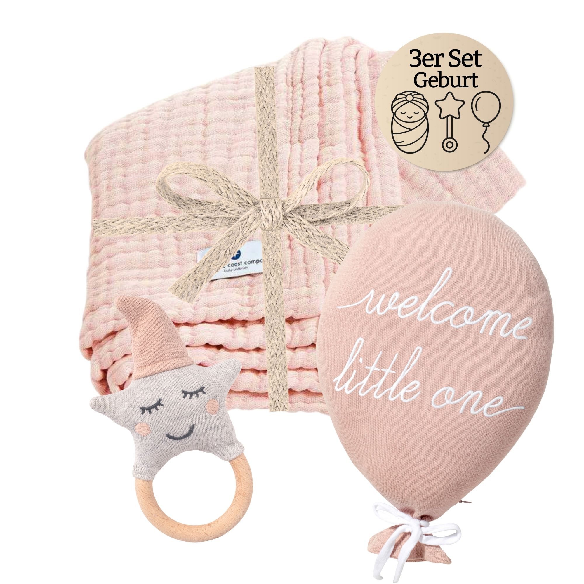 Nordic Coast Company Neugeborenen-Geschenkset Baby Geschenk 3er Set Geburt (3 tgl. Ballon, Kuscheldecke und Rassel) Geschenk-set, Geburt & Taufe, Babygeschenk Junge Mädchen, Babyshower