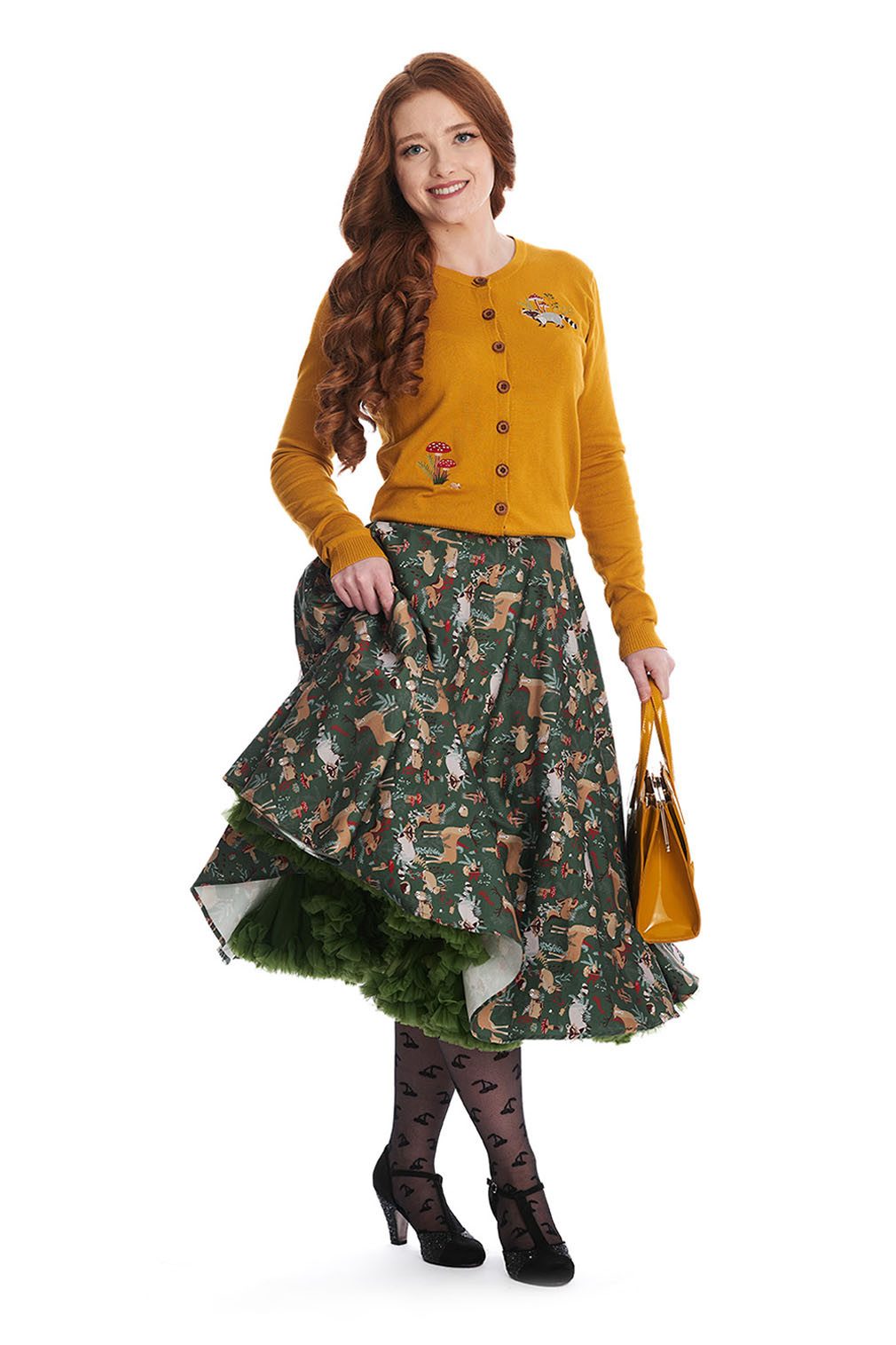 Banned Strickjacke Woodland Mushrooms Cardigan Senfgelb Vintage Waschbär