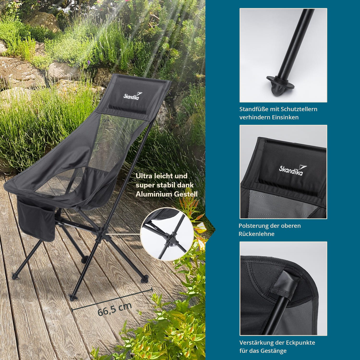 Skandika Campingstuhl Compact, Klappstuhl, Gartenstuhl, Faltstuhl, Outdoor, Balkon (Organizer-Tasche, Cool-Mesh-Einsätze, Kunststofffüße mit Schutztellern), bis 150 kg, klein, leicht, Anglerstuhl, stabil, gepolstert, Camping