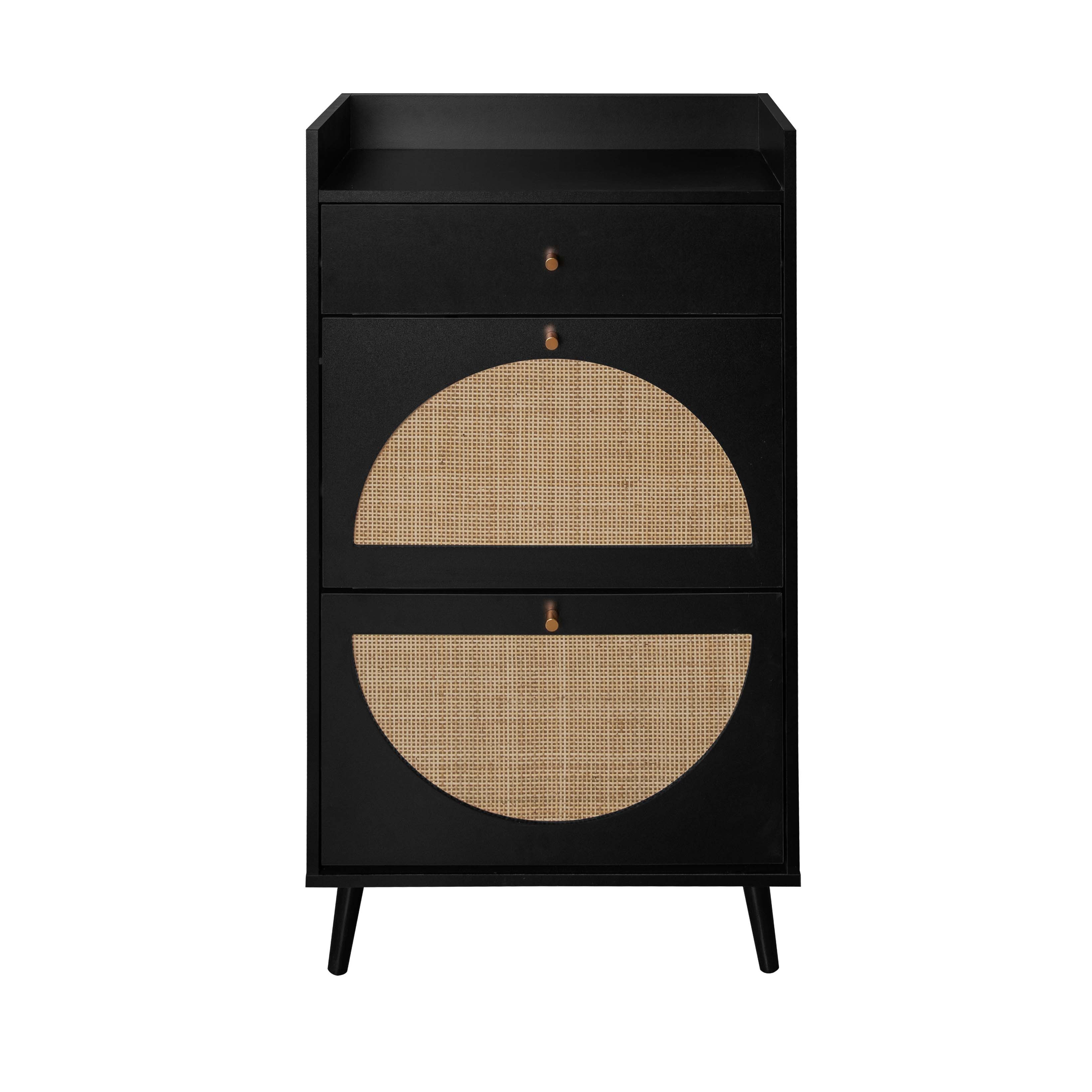 OKWISH Schuhschrank Moderner Schuhregal mit 2 Rattantüren, Schuhkarton Schuhkipper (Schuhschrank,mit Rattan-Optik, 2 Türen und 1 Schublade, flexibles doppeltes Regal, Wandverankerung, Kiefernholzfüße)