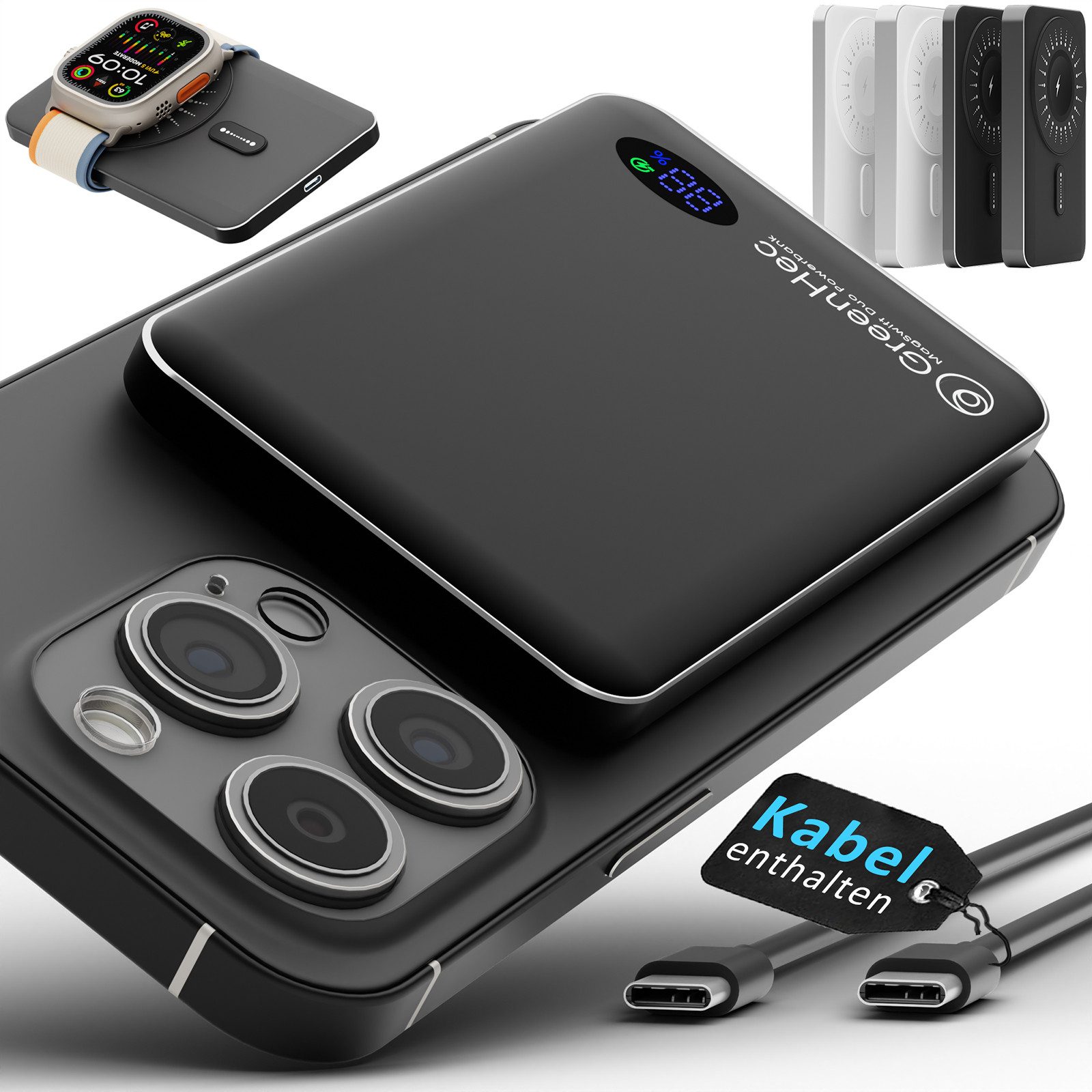 GreenHec Powerbank MagSafe iPhone 15 14 13 12 Magnetisches Battery Pack, Akku Powerbank MagSwift Duo Powerbank A 10000 mAh (1,5 V), 5000mAh, 15W Induktiv Kabellos Aufladen Pro Max Mini Slim