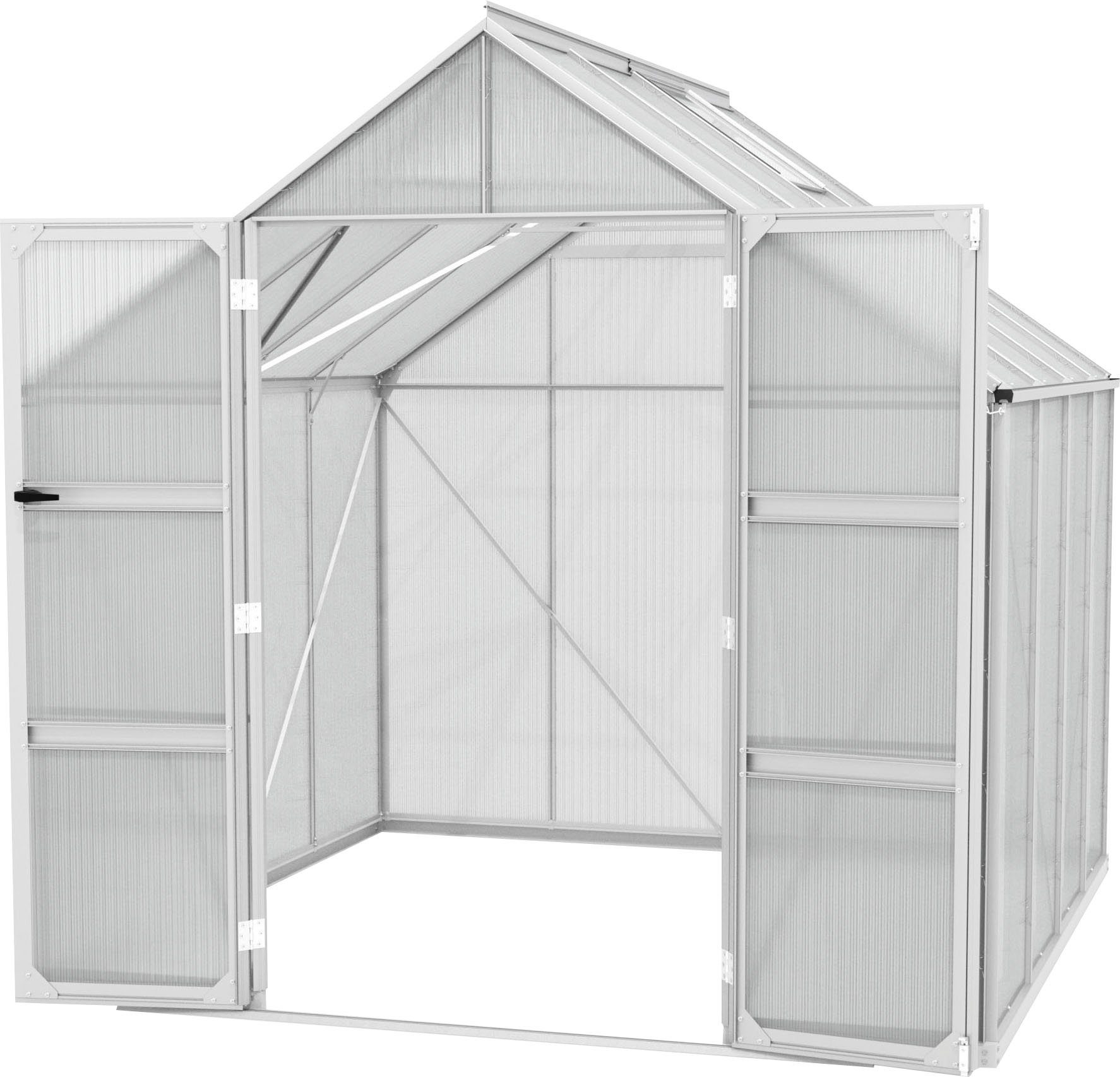 Vitavia Gewächshaus Domus 6700, BxTxH: 257 x 263 x 253,9 cm, 6 mm Wandstärke, mit Doppelschwingtüren und bodentiefer Türschwelle, 6 mm Hohlkammer silberfarben