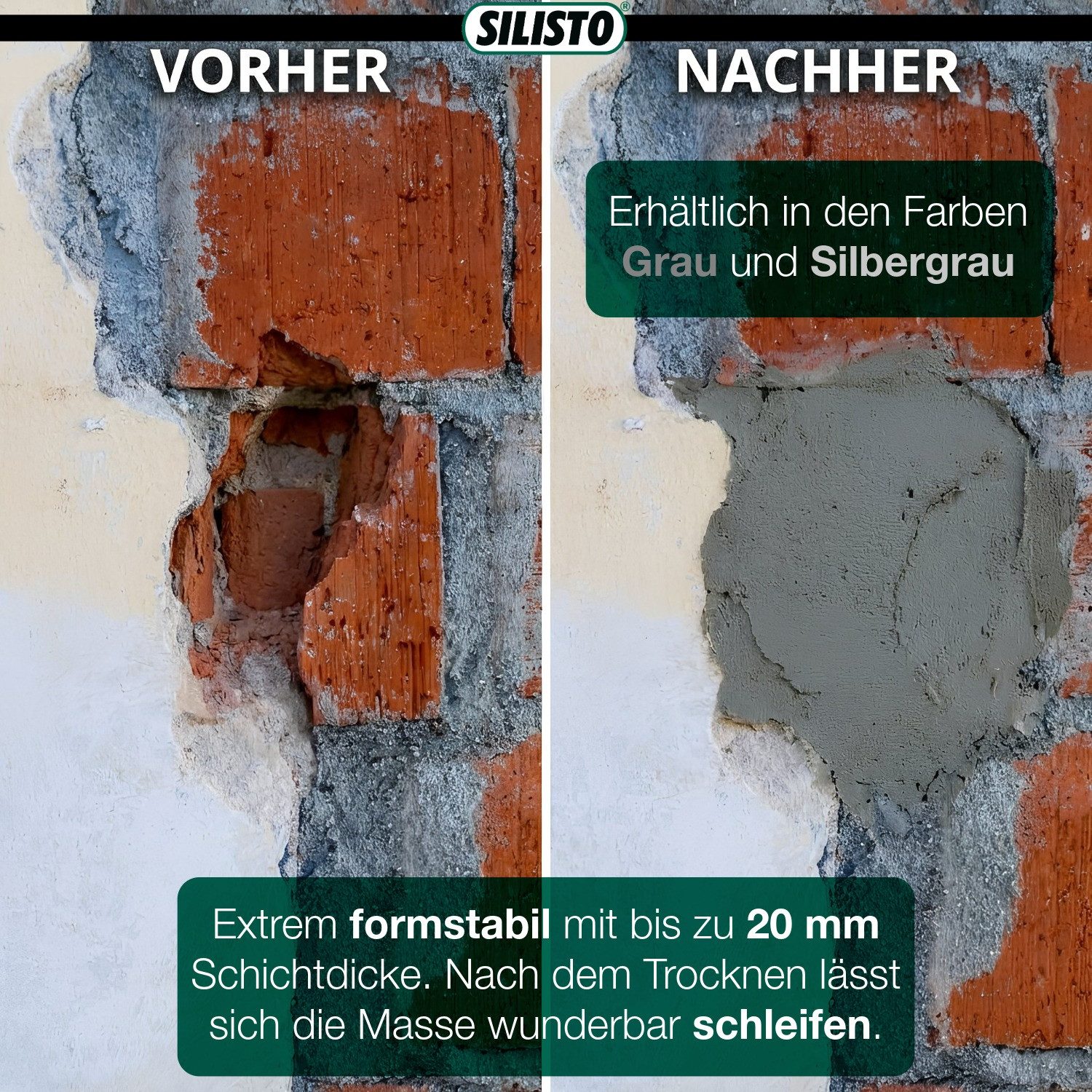 Silisto Fugenmörtel gebrauchsfertige Spachtelmasse für Beton & Mauerwerk - 310ml, Schleifbar und überstreichbar, UV-beständig