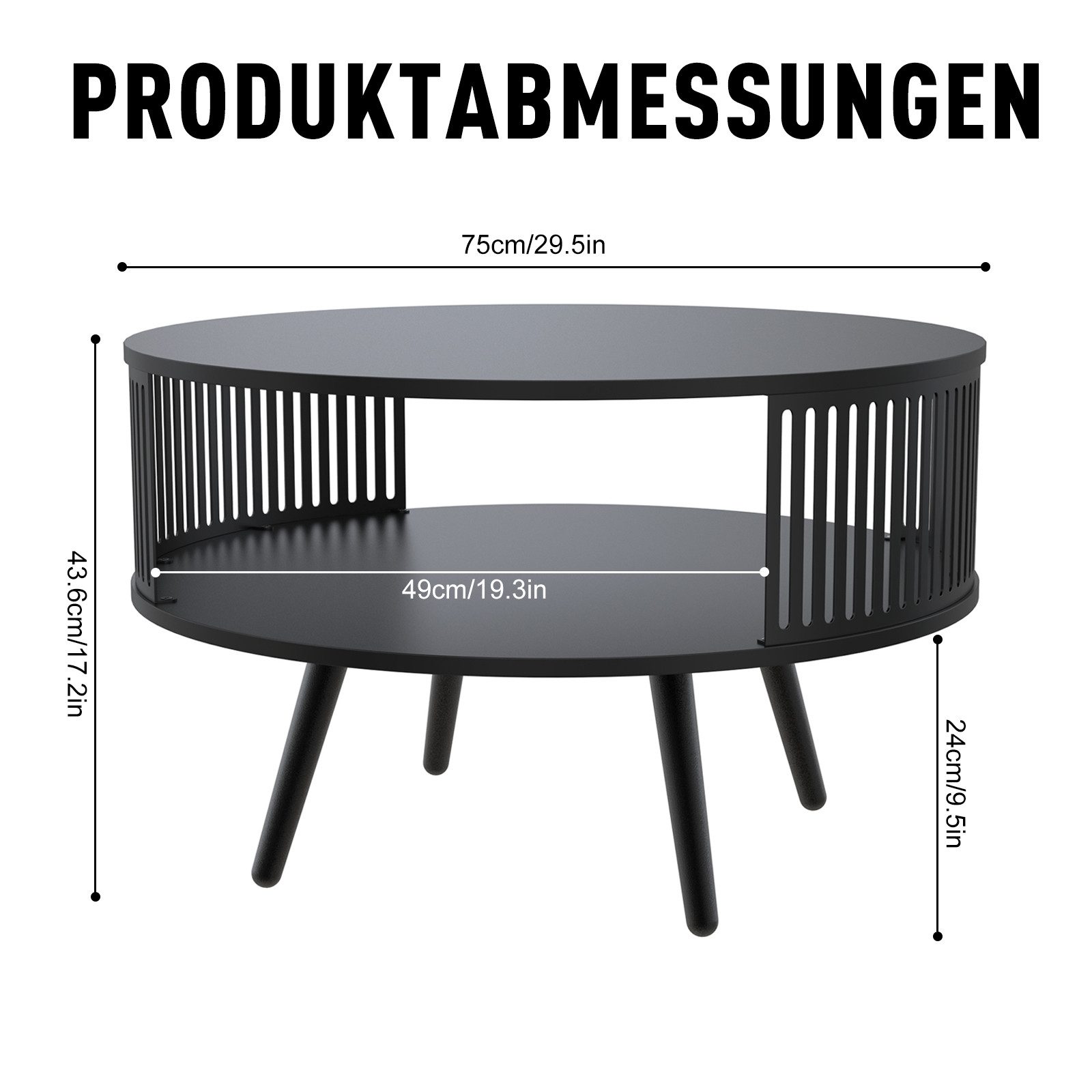 TWSOUL Couchtisch Runder Couchtisch mit Ablage, Metall Wohnzimmertisch Ø75 cm, 2-Etagen Sofatisch Schwarz, Moderner Wohnzimmertisch mit Stauraum