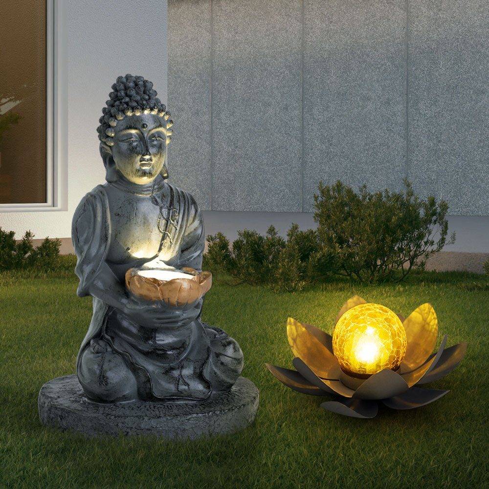 Globo LED Solarleuchte, Leuchtmittel inklusive, Warmweiß, Solarleuchte Buddha Feng Shui Außen Solarblume Aussen Lotusblume Solar