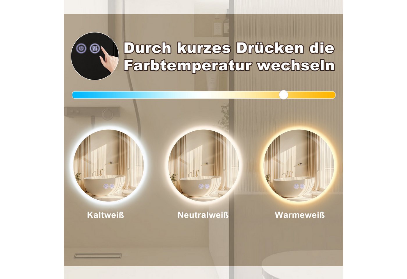 Thumbnail - Nettlife Badspiegel Touch mit Beleuchtung Rund 50cm Dimmbar LED Badezimmer Wandspiegel, Badezimmerspiegel mit Touch Scha...