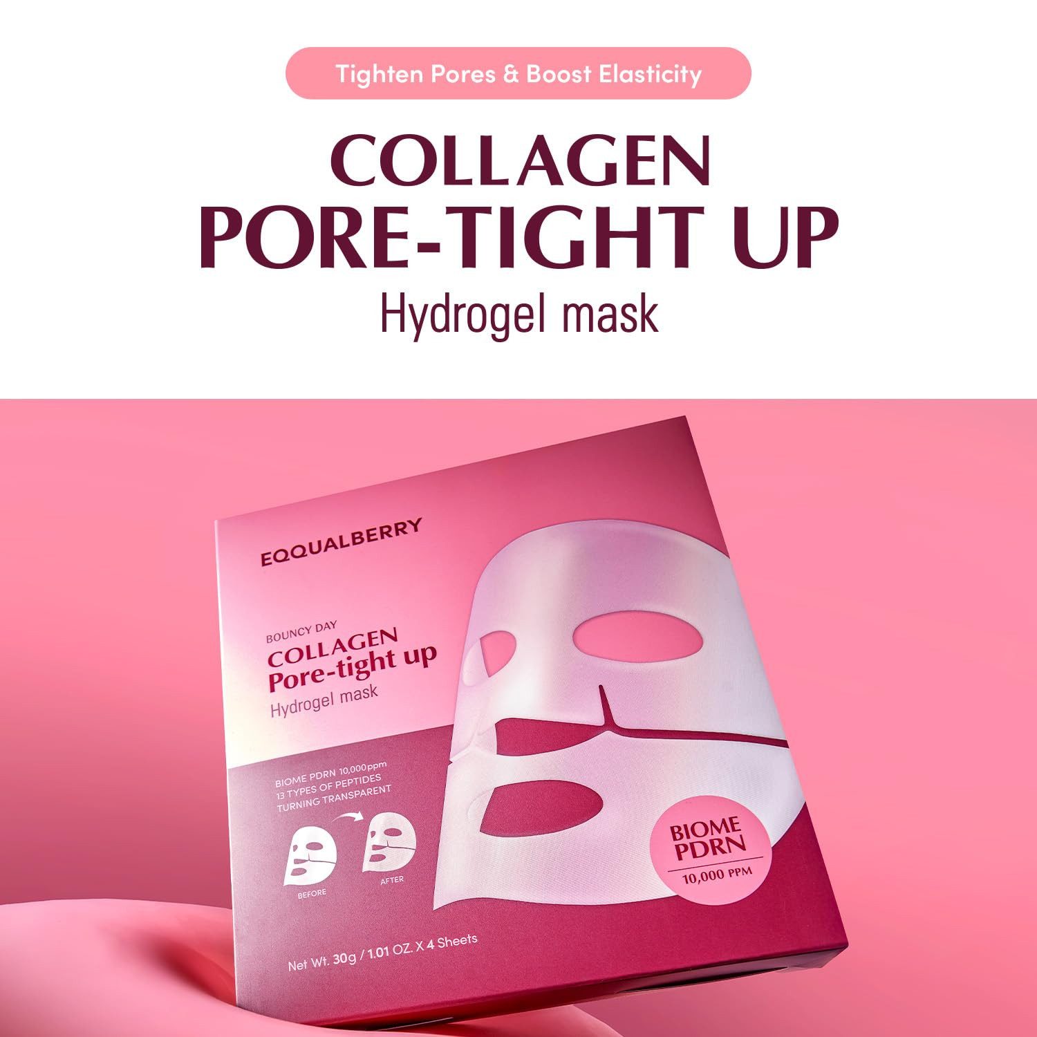 Eqqualberry Gesichtsmaske Collagen Pore Tight Up Hydrogel Mask – 4er-Set Gesichtsmasken à 30g - Mit Niacinamid, Kollagen, Hyaluronsäure & Peptiden –, Porenverfeinernd, feuchtigkeitsspendend, glättend – K-Beauty