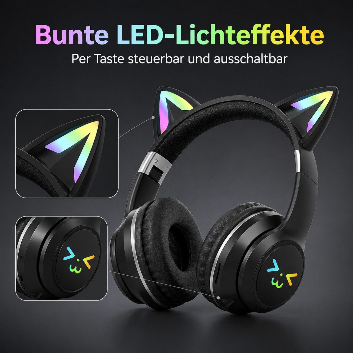 ANYSUN Bluetooth Kopfhörer,RGB-LED-Leuchten,Bluetooth 5.1,HiFi Sound, Over-Ear-Kopfhörer (Bluetooth, 60dB Rauschunterdrückung,Einstellbar,Kopfhörer Bluetooth für Reise)