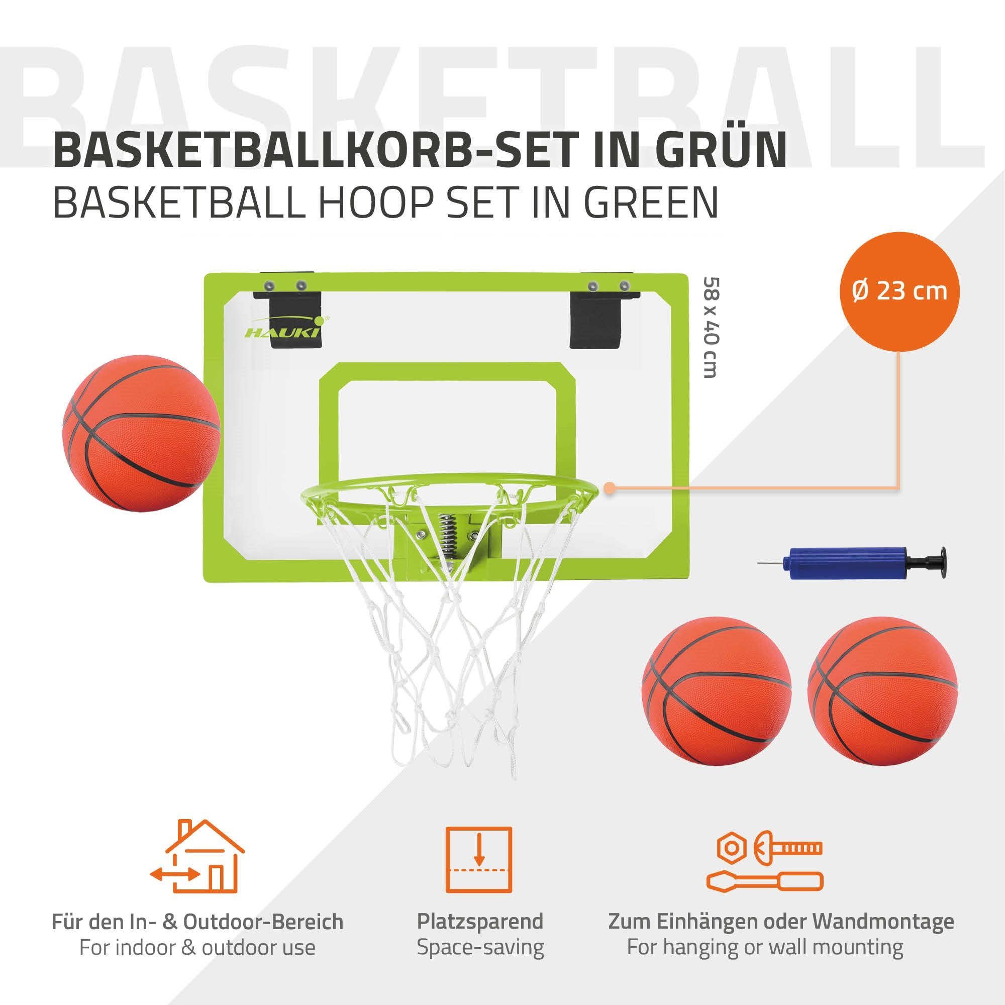 (4-St), Netz Basketballständer tragbar Indoor Hauki Mini 58x40cm Bälle Backboard Set Basketball Basketballbrett Grün Pumpe 3 Hoop Ø16cm Basketballkorb