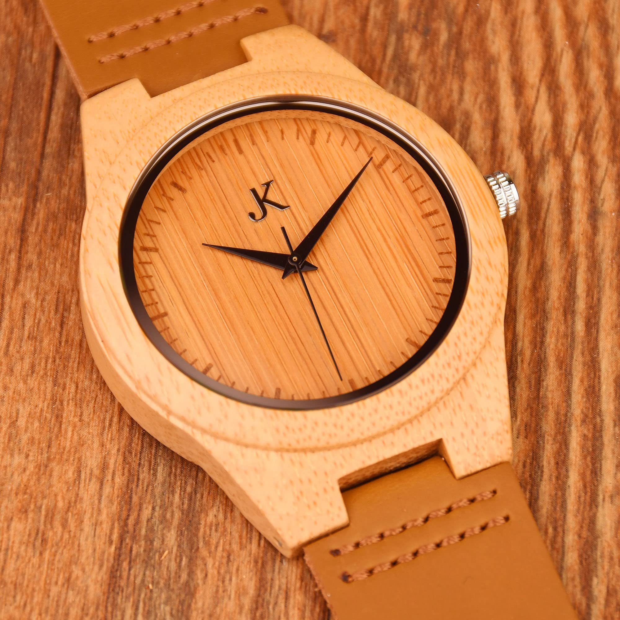 Kim Johanson Quarzuhr Vintage, aus Holz mit Lederarmband