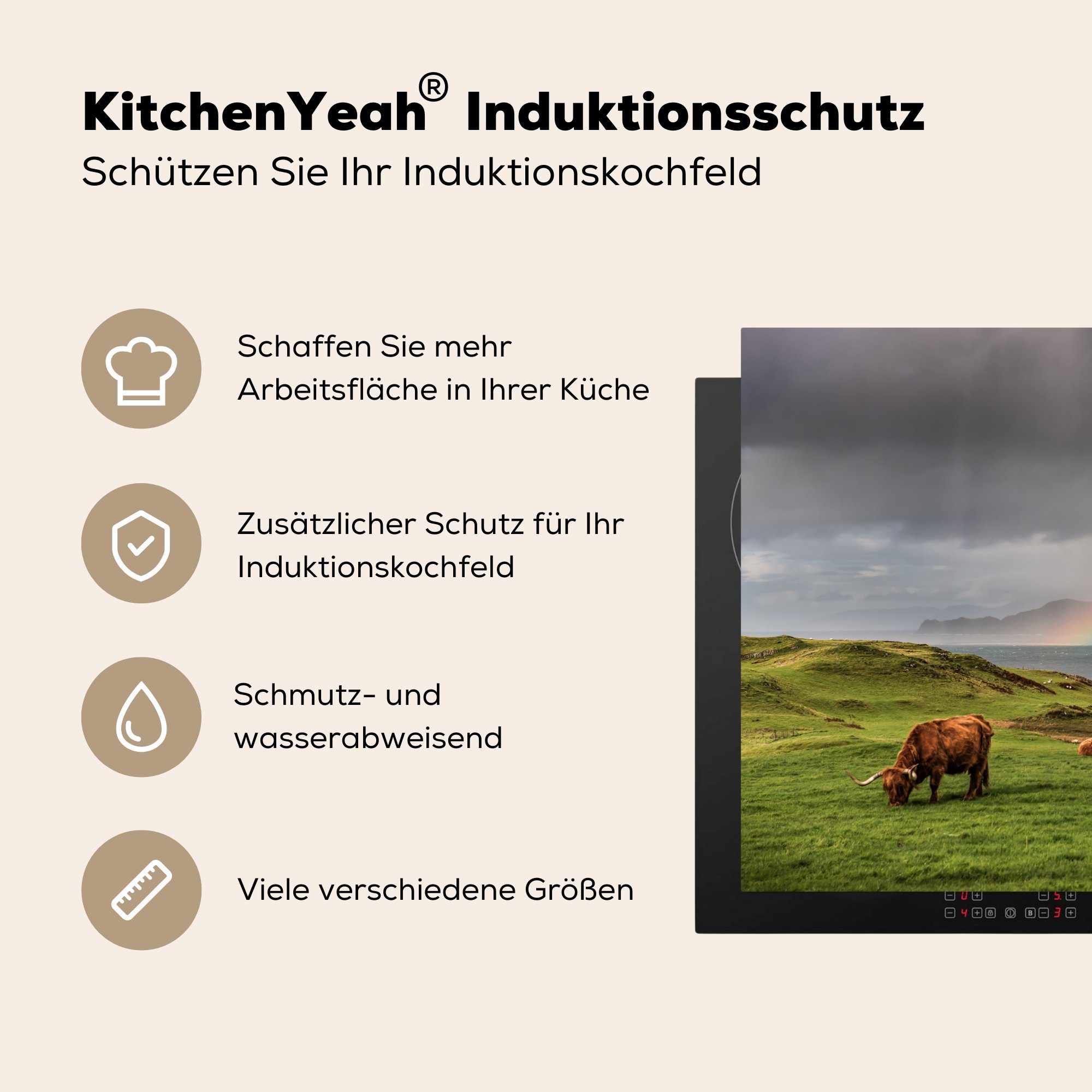 81x52 - Induktionskochfeld Schottische cm, Herdblende-/Abdeckplatte MuchoWow Highlander Vinyl, (1 die Wolken, Ceranfeldabdeckung für Gras tlg), - Schutz küche,