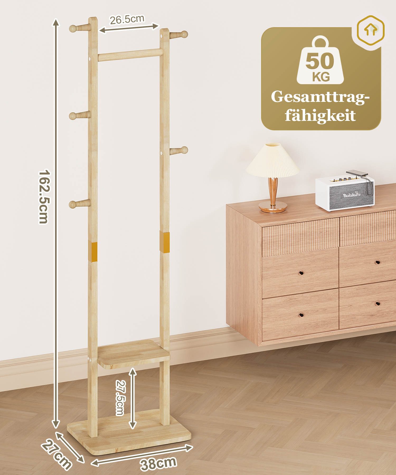 Yorbay Kleiderständer Garderobenständer aus Massivholz mit Ablagebrettern & Haken, Offener Kleiderschrank für Flur, Schlafzimmer