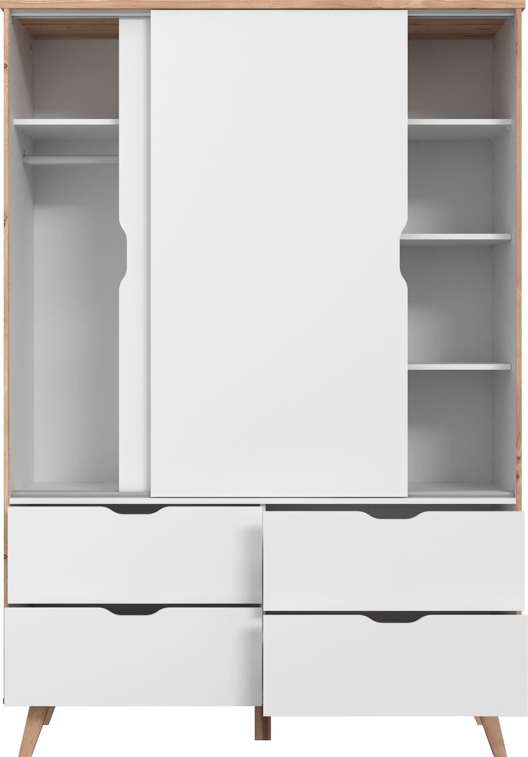 FORTE Schiebetürenschrank Vankka, Topseller! Viel Stauraum, scandinavischer Stil (B/H/T ca.140x200x50cm) Made in Europe,mit Einlegeböden+Kleiderstange+Schubladen,grifflos