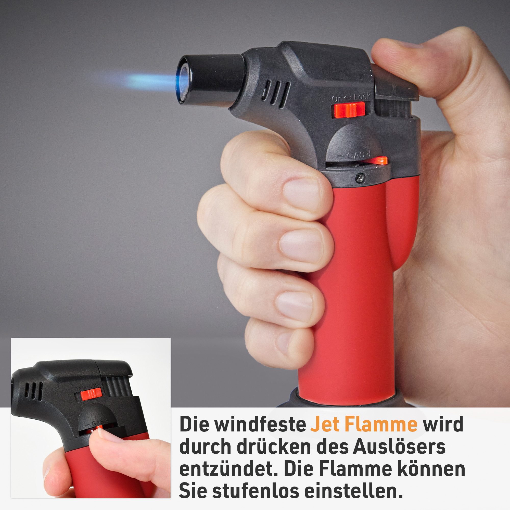 TOM Flambierbrenner Gasbrenner mit 100ml Nachfüllflasche, (2-tlg), Piezo-Zündung, 1300°C, Butan/Propan Gas – Bild 4 von 5
