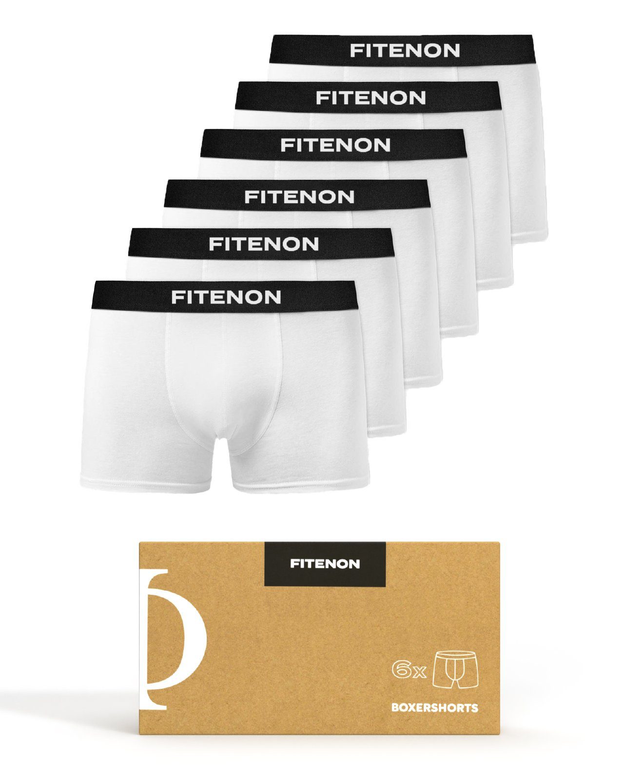 FITENON Boxershorts Herren Unterhosen, Unterwäsche, ohne kratzenden Zettel, Baumwolle (6 er Set) mit Logo-Elastikbund 6x Weiß | Boxer anliegend