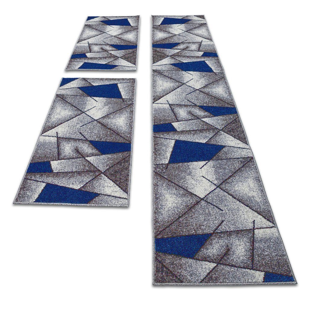 oKu-Tex Bettumrandung 3 teilig, Läufer (67 x 340 cm) + Brücken (2 x 67 x 140 cm), Kurzflor, (Set 3 teilig, 3-tlg), Teppich Schlafzimmer Bettvorleger Set schmal gewebt blau meliert