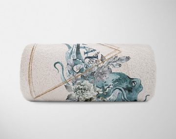 Sinus Art Handtücher Handtuch Strandhandtuch Saunatuch Kuscheldecke Kunstvoll Ozean Blumen Oktopus Motiv, Baumwolle-Polyester-Mix (1-St), Handtuch