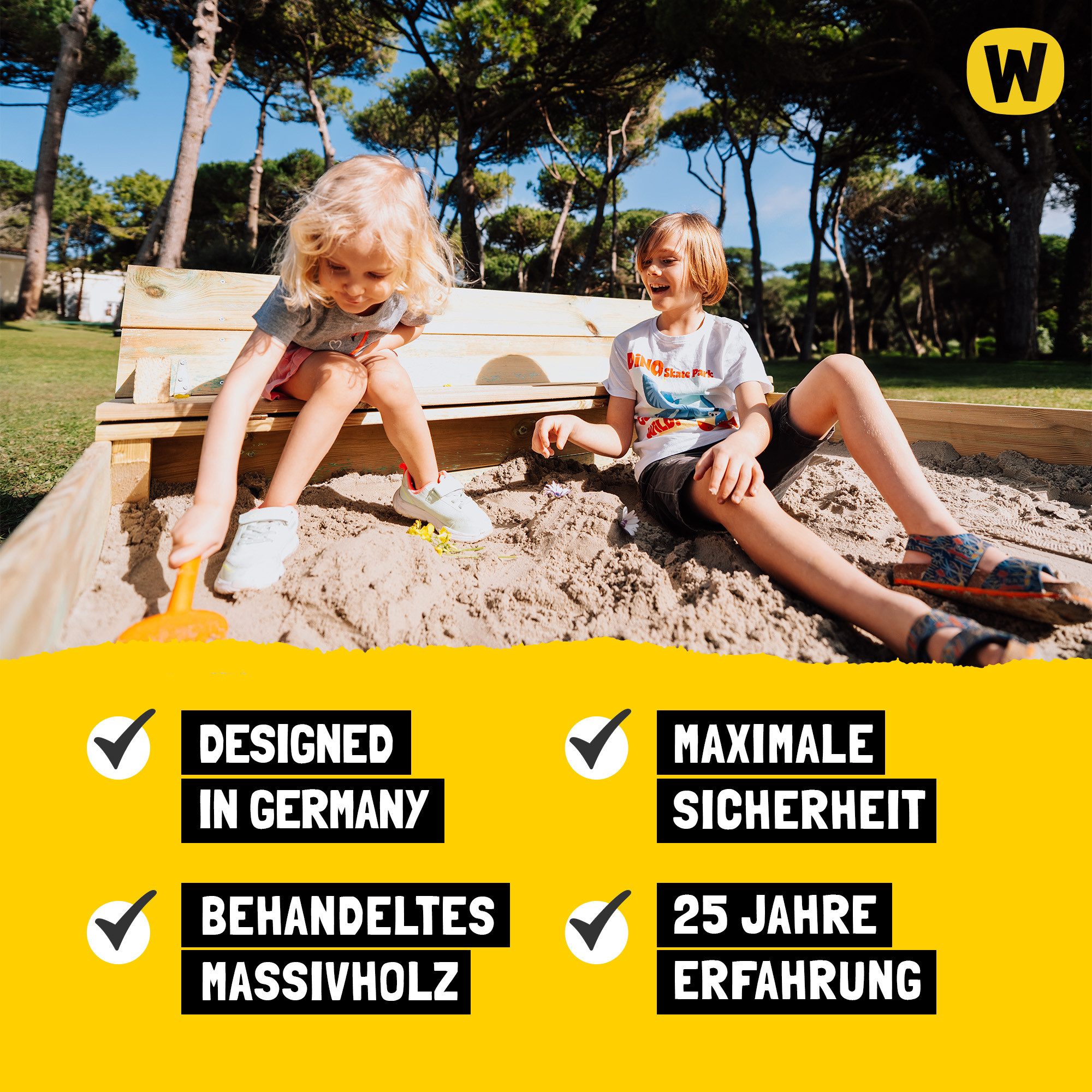 Wickey Sandkasten King Kong mit Sitzrand & abnehmbarem Deckel - Verschiedene Größen -, (Ideal für kreativen Sandspaß mit Freunden & Geschwistern, Fördert Kreativität & Motorik durch Sandspiele), Kesseldruckimprägniertes Holz mit 5 Jahren Garantie*