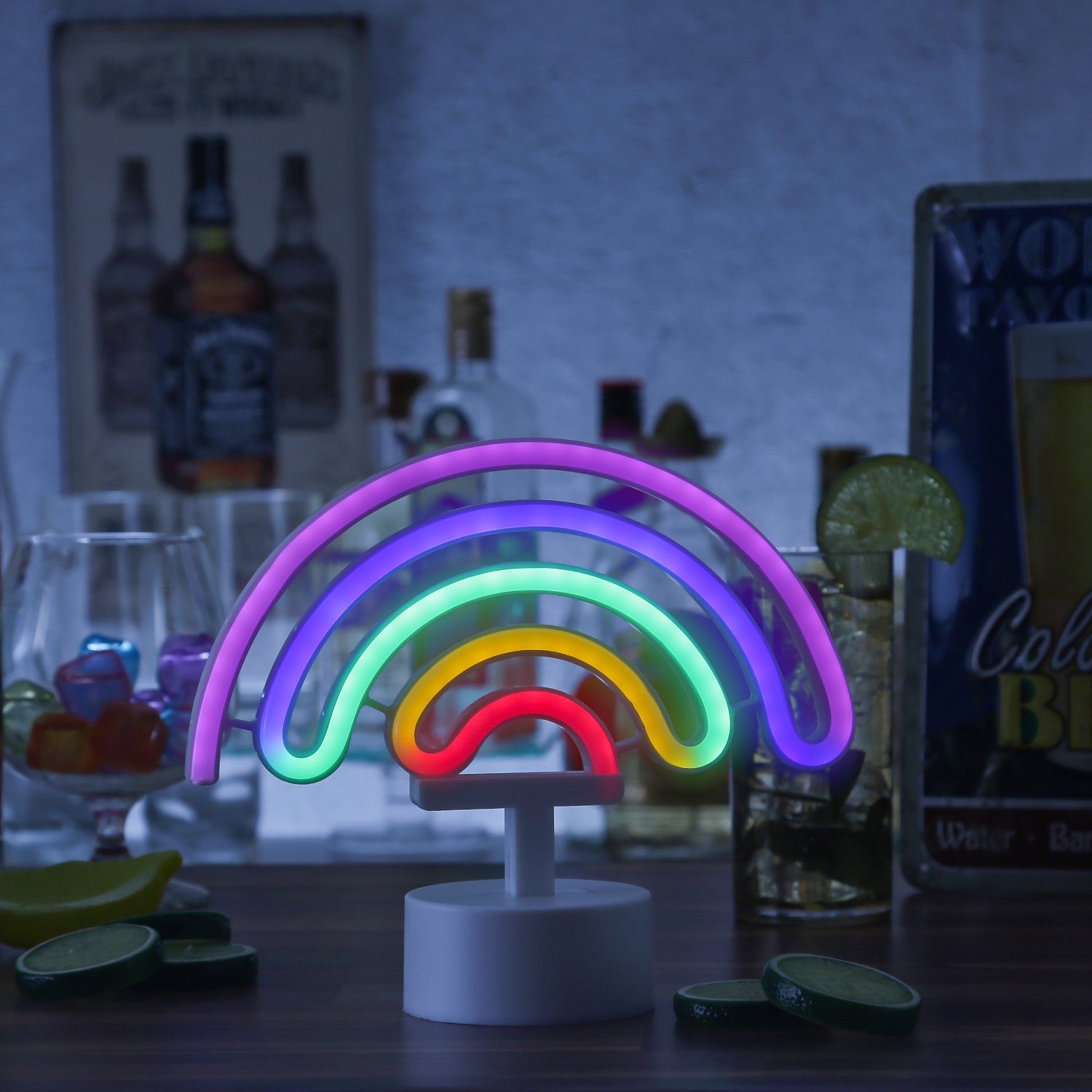 Neonschild mehrfarbig SATISFIRE bunt, USB LED Dekolicht / LED Batterie bunt 19cm Classic, LED Leuchtfigur Neonlicht Regenbogen