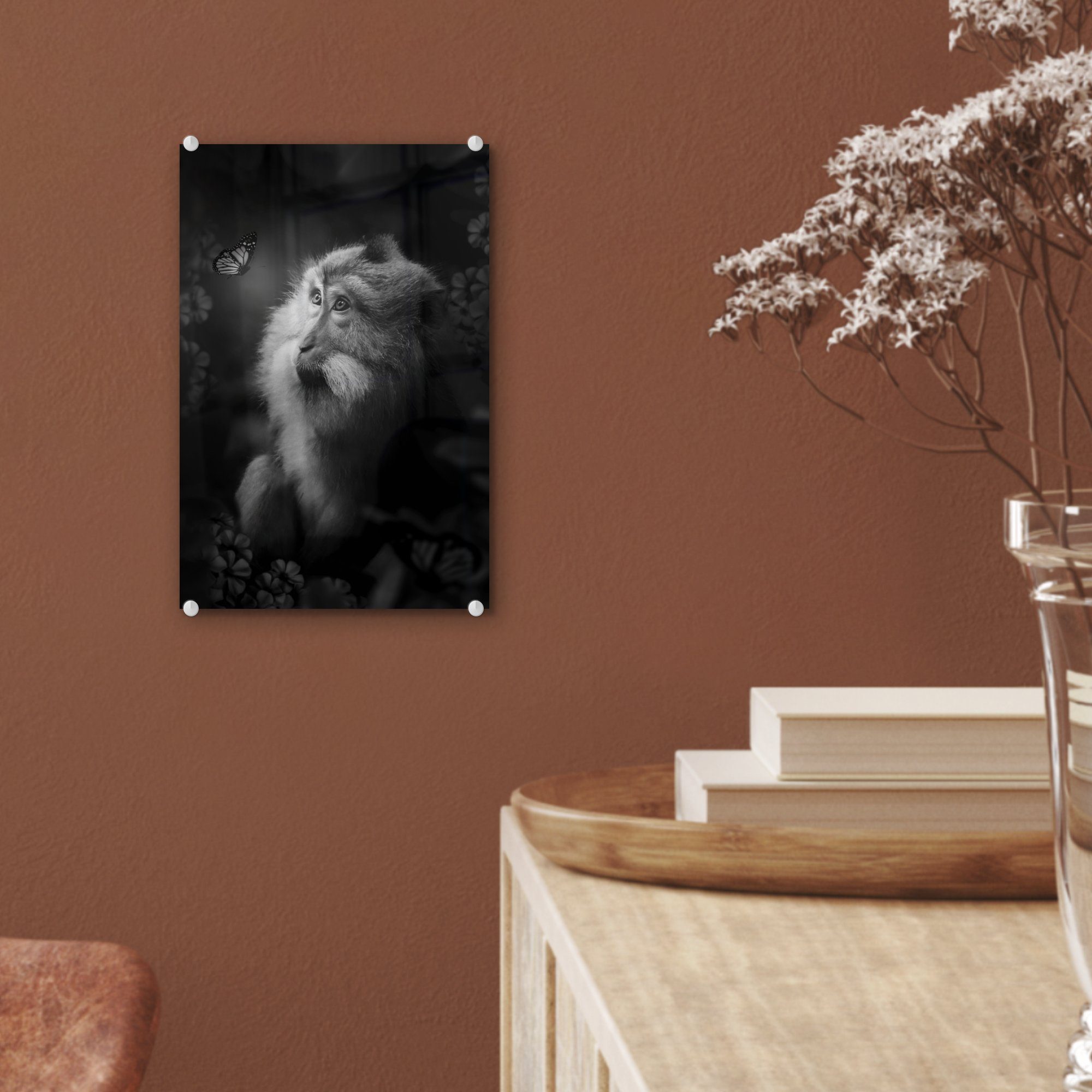 - eines Dschungel Affen Glas auf - Foto Schmetterlings Glas und Porträt (1 Wandbild Wanddekoration Acrylglasbild - St), eines Bilder schwarz, Glasbilder MuchoWow - auf bunt im
