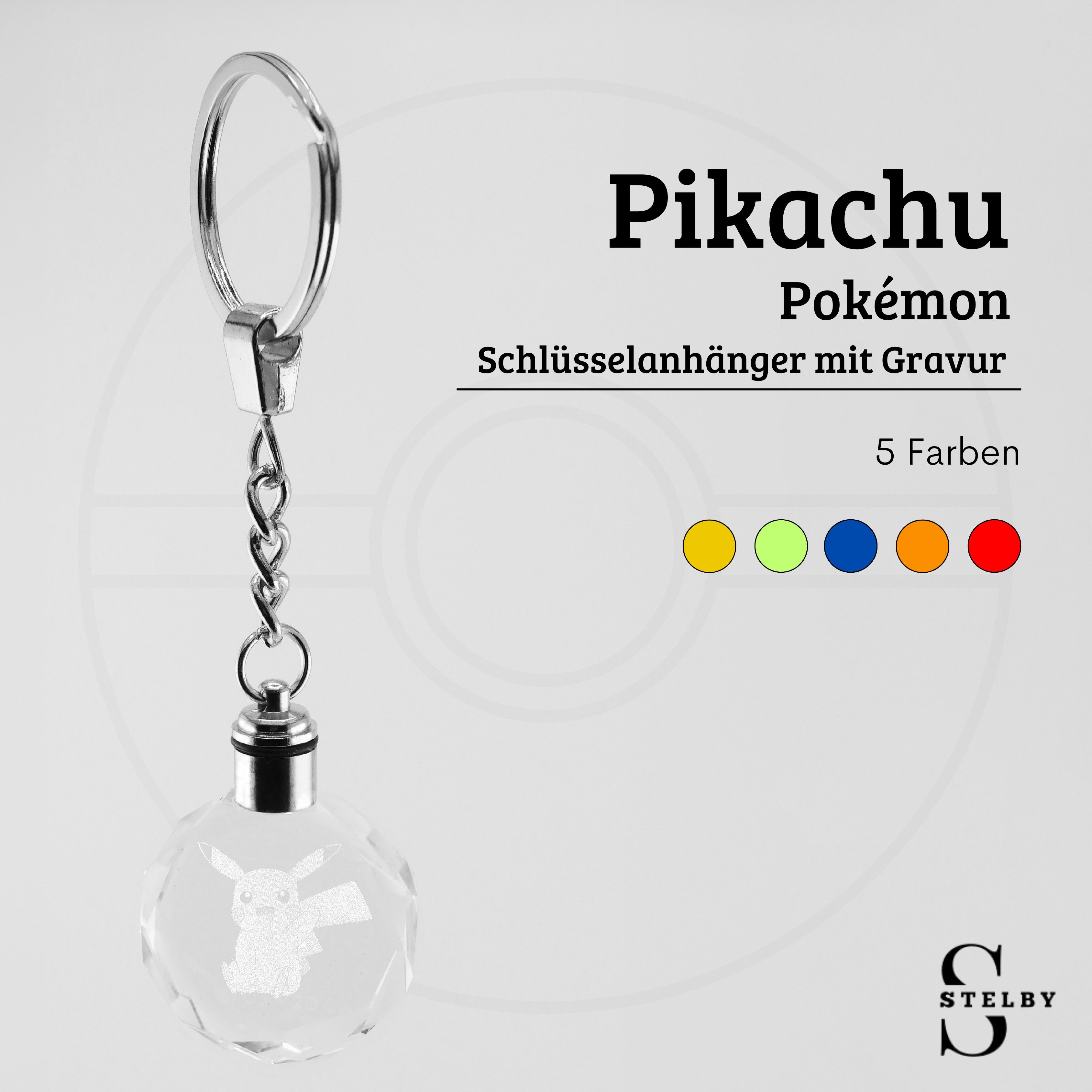 Stelby Schlüsselanhänger mit Gravur Pokemon Pikachu Schlüsselanhänger Multicolor LED mit Geschenkbox (Perfekt für Geburtstage und Weihnachten, 1-tlg., Robustes Glasmaterial, leuchtet in 5 Farben), Farbwechsel, langlebig, modernes Design