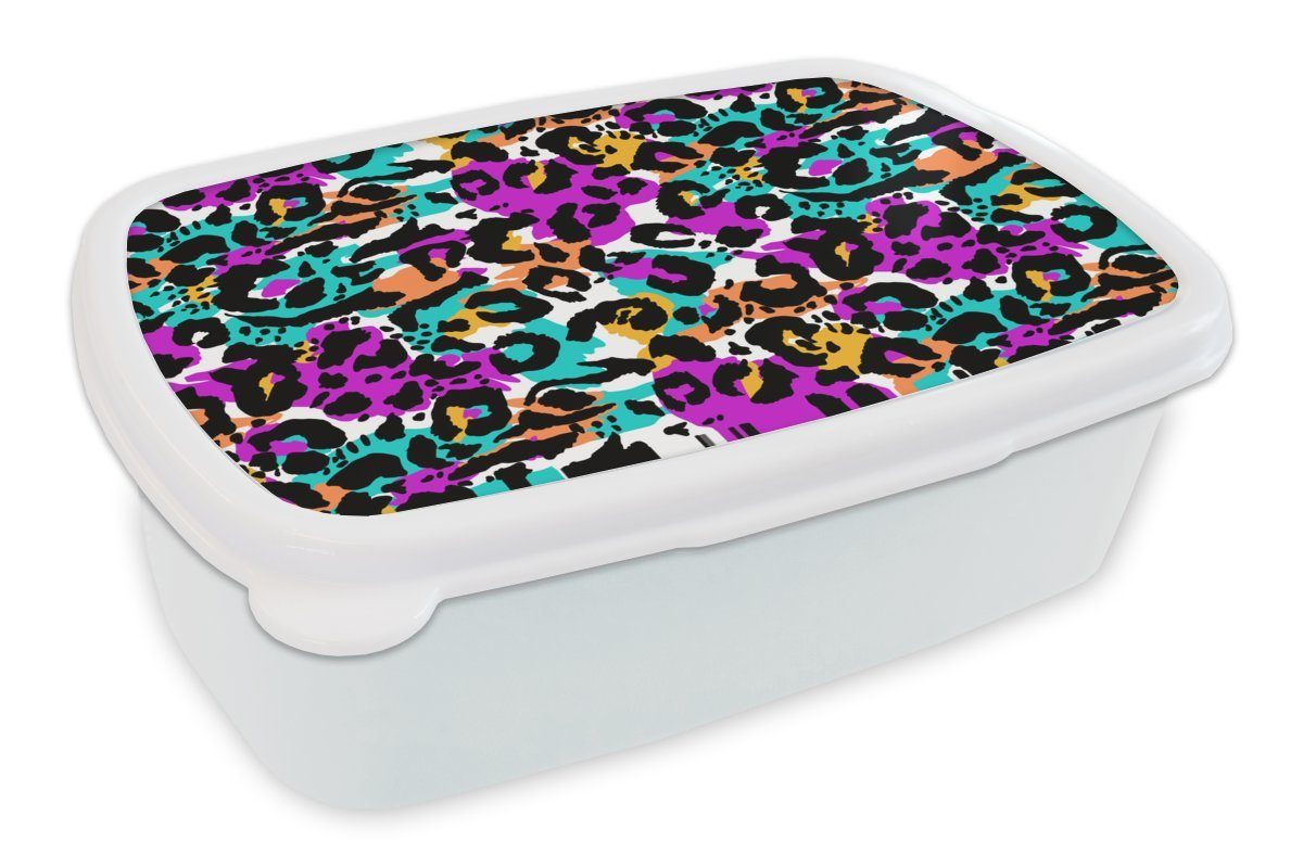 MuchoWow Lunchbox Pantherdruck - Regenbogen - Flecken, Kunststoff, (2-tlg), Brotbox für Kinder und Erwachsene, Brotdose, für Jungs und Mädchen weiß