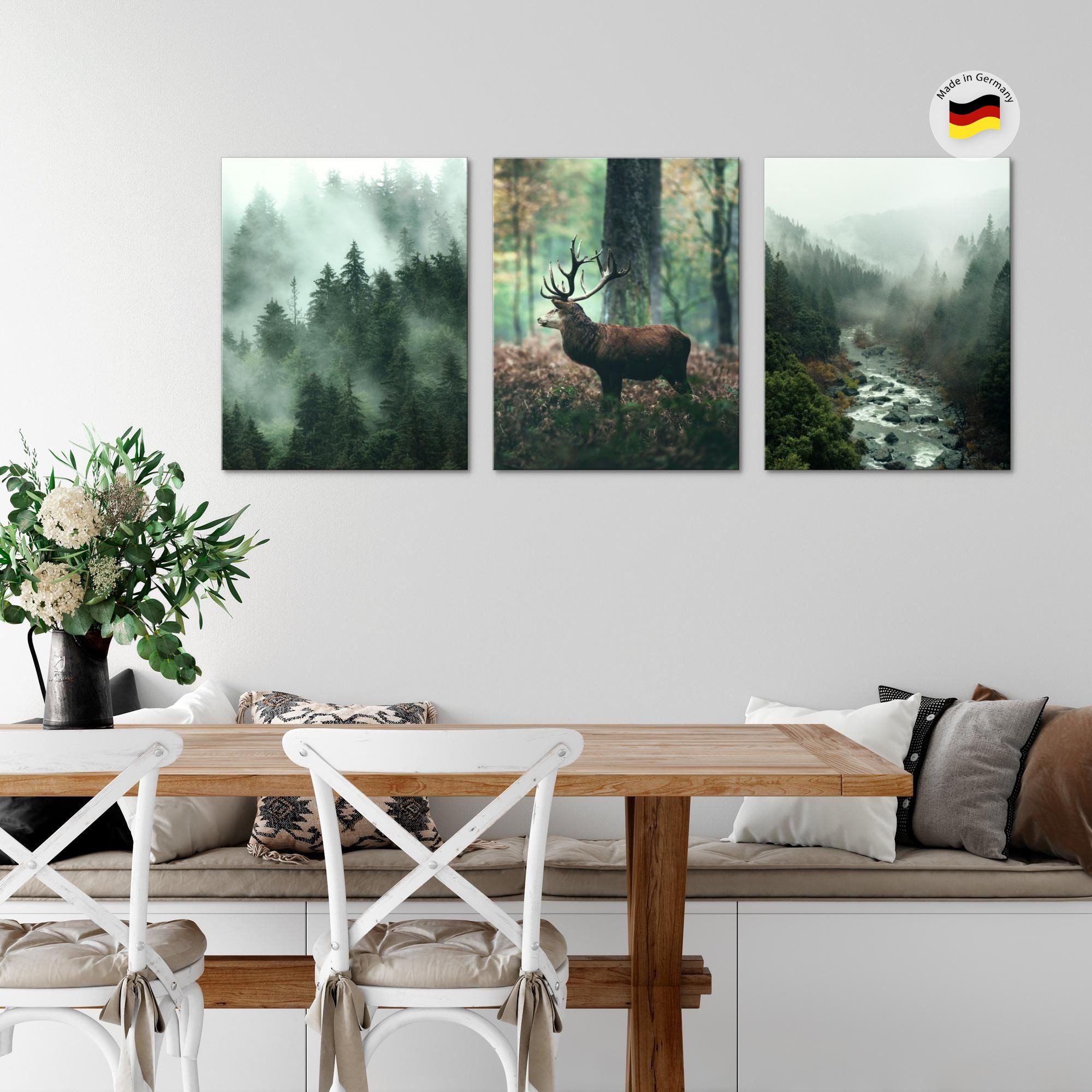 Novart Wandbild Wald Natur Bilder Set 3 Teilig Wohnzimmer Schlafzimmer Deko, Hirsch