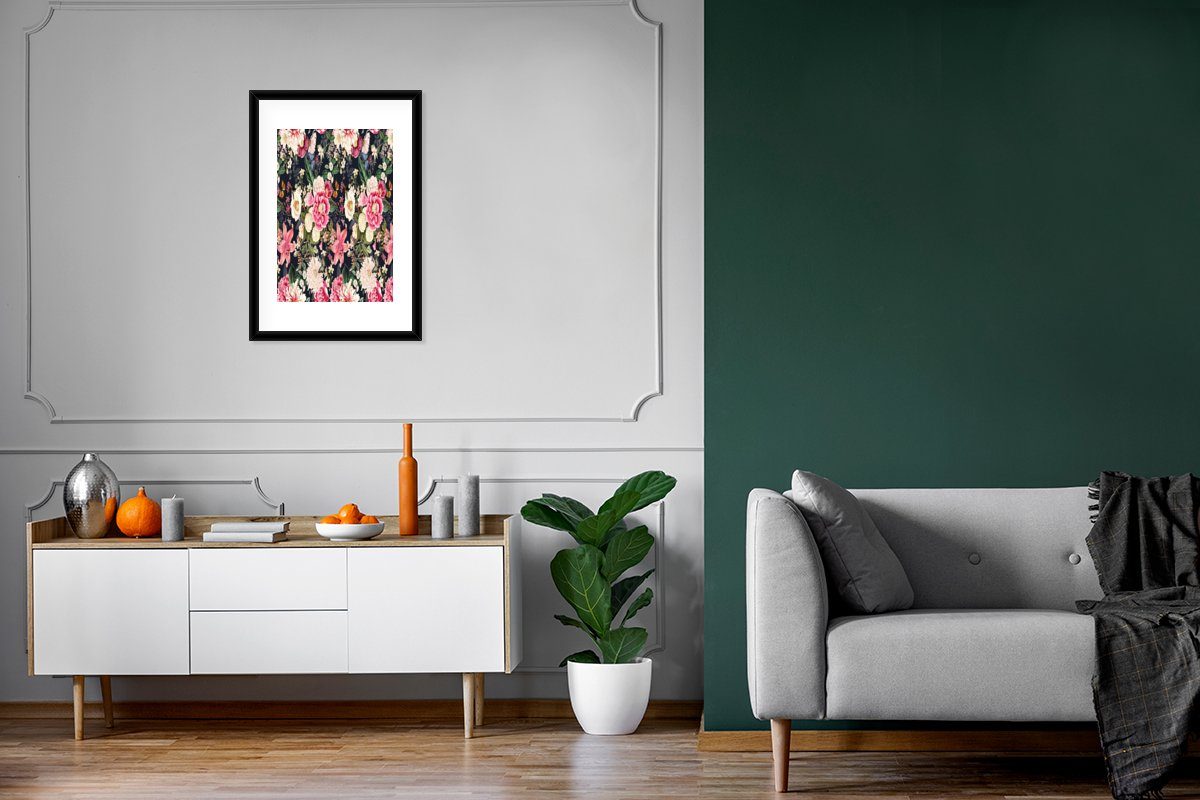 Collage, Rahmen, Schwarzem Blumen Kunstdruck, - St), Poster, (1 Lilie Poster Anemone mit Bilderrahmen - Gerahmtes MuchoWow -