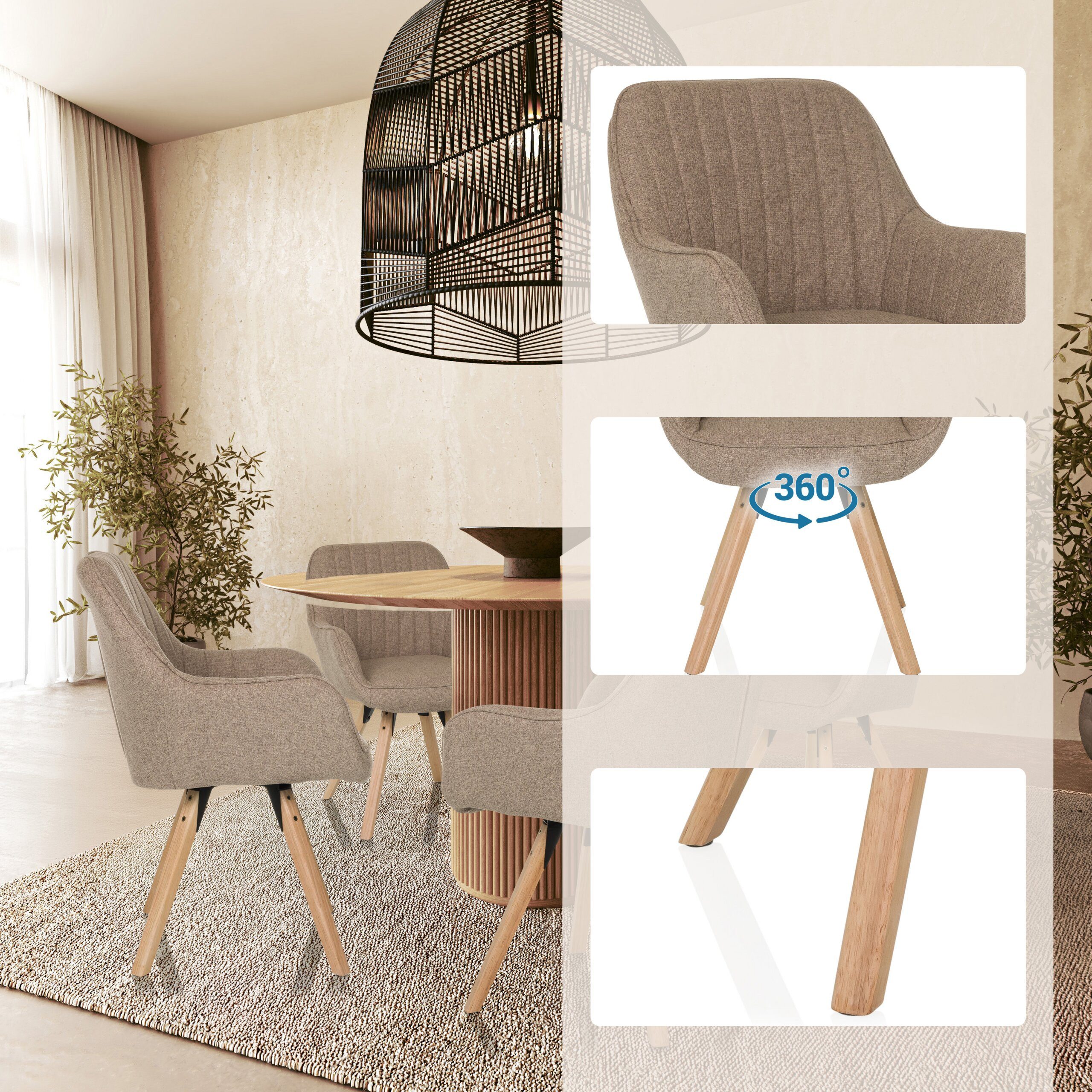 hjh LIVING Esszimmerstuhl SCANDI SOFT Stuhl gepolstert Stoff mit Armlehnen 1 (1 St), Stuhl im Scandi-Look, Sitz drehbar, bequem gepolstert, Holzfußkreuz