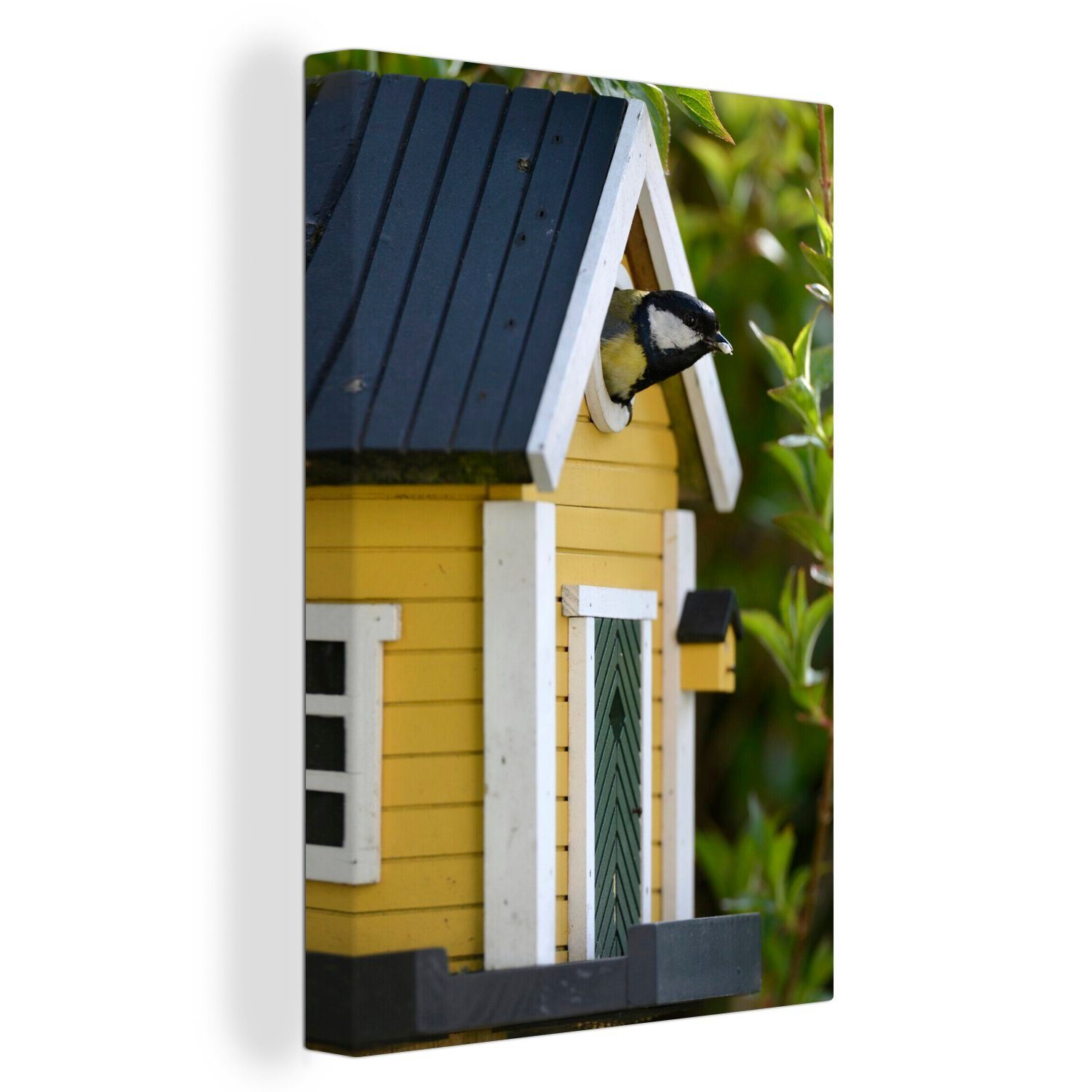 OneMillionCanvasses® Leinwandbild Vogelhaus für die Leinwandbild inkl. Zackenaufhänger, (1 fertig bespannt 20x30 Meise, St), cm Gemälde