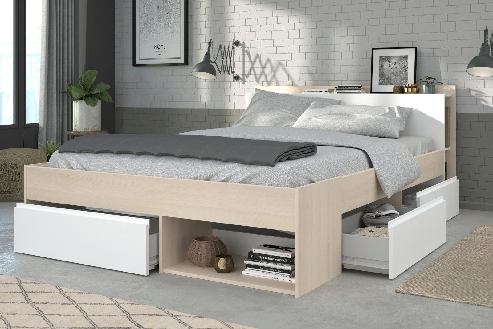 Parisot Stauraumbett Most (Doppelbett, Liegefläche 160 x 200 cm), inkl. 3x Bettschubkasten und Regal