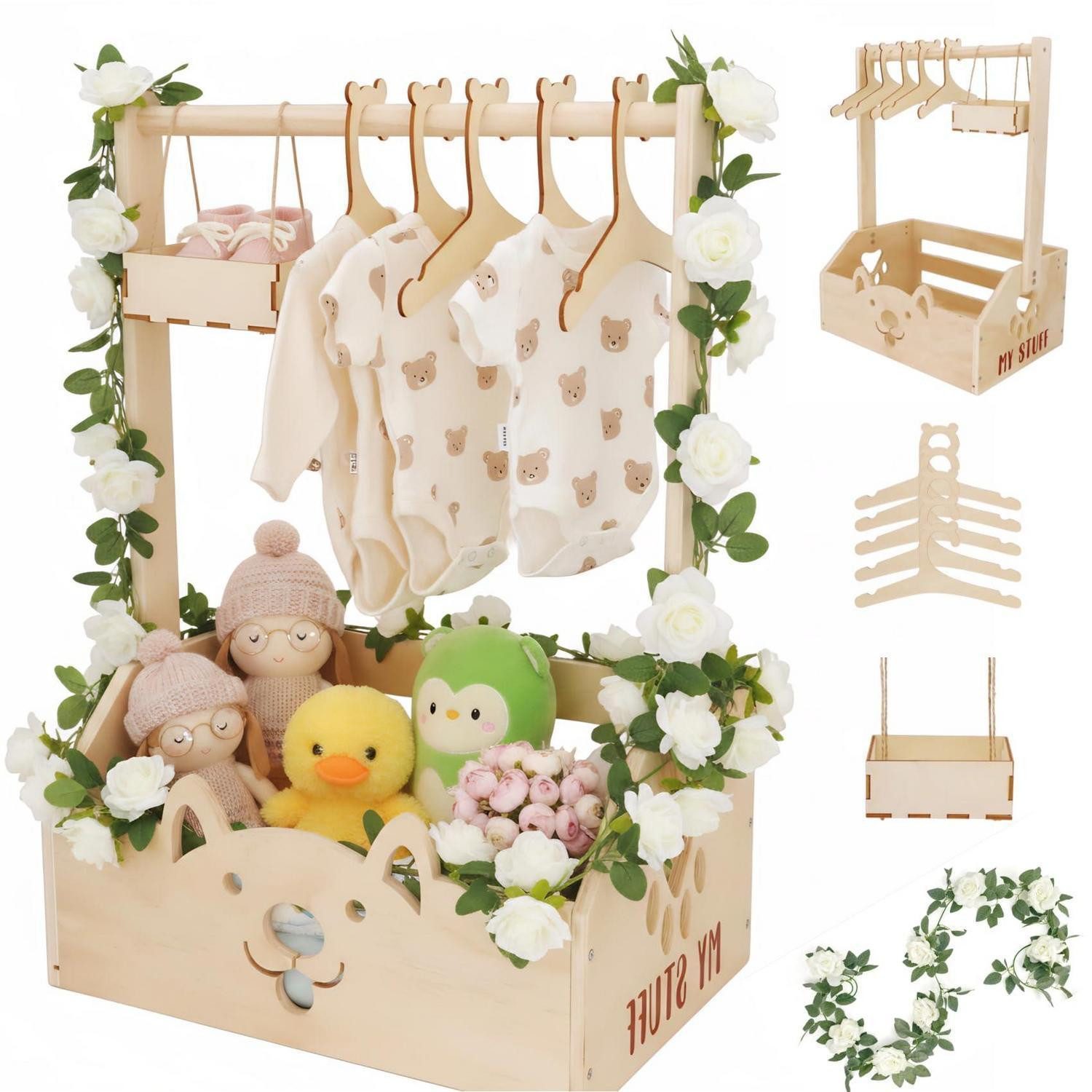 LuxusKollektion Holzkiste Baby Geschenkset Holzkiste mit Kleiderbügel Boho