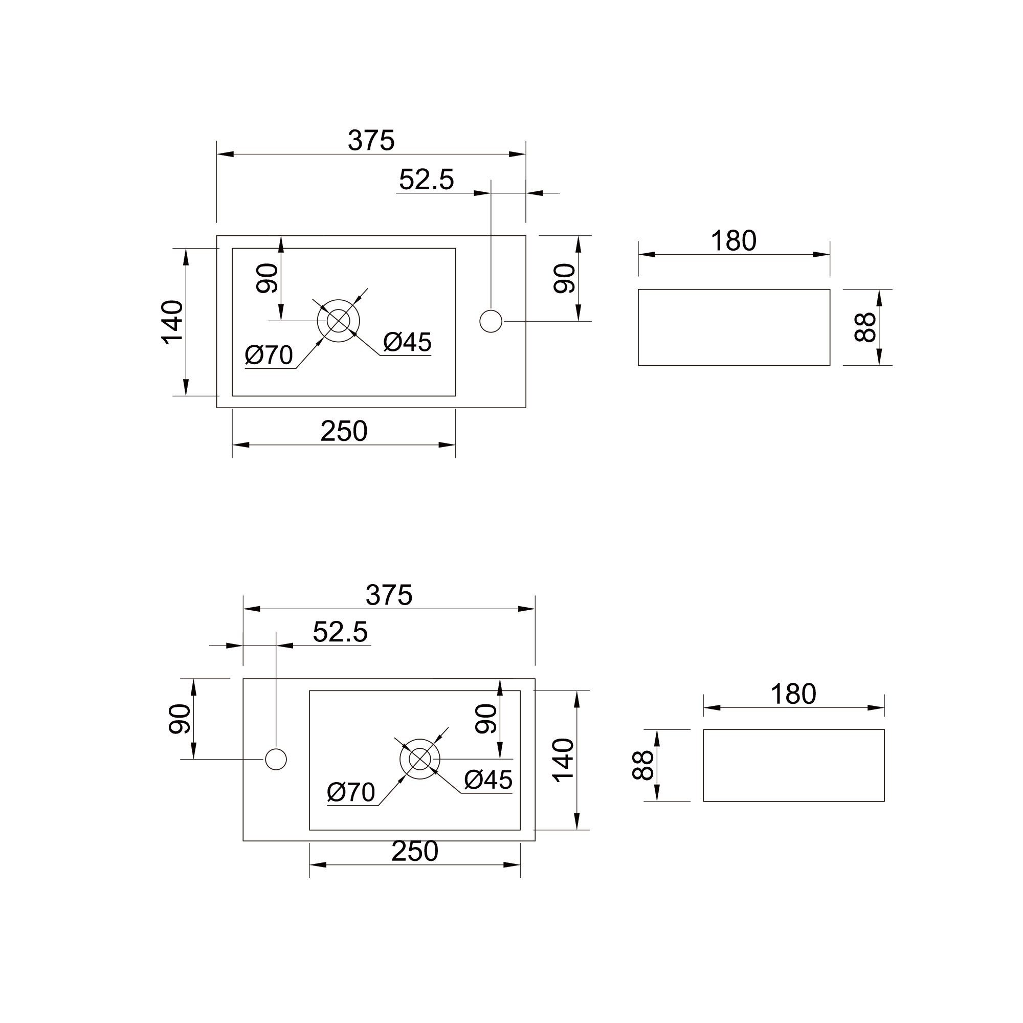 doporro Waschbecken Hängewaschbecken Keramik Nano-Versiegelung 37x18x9.5cm Brüssel3053, Lotus-Effekt durch Nano-Versiegelung