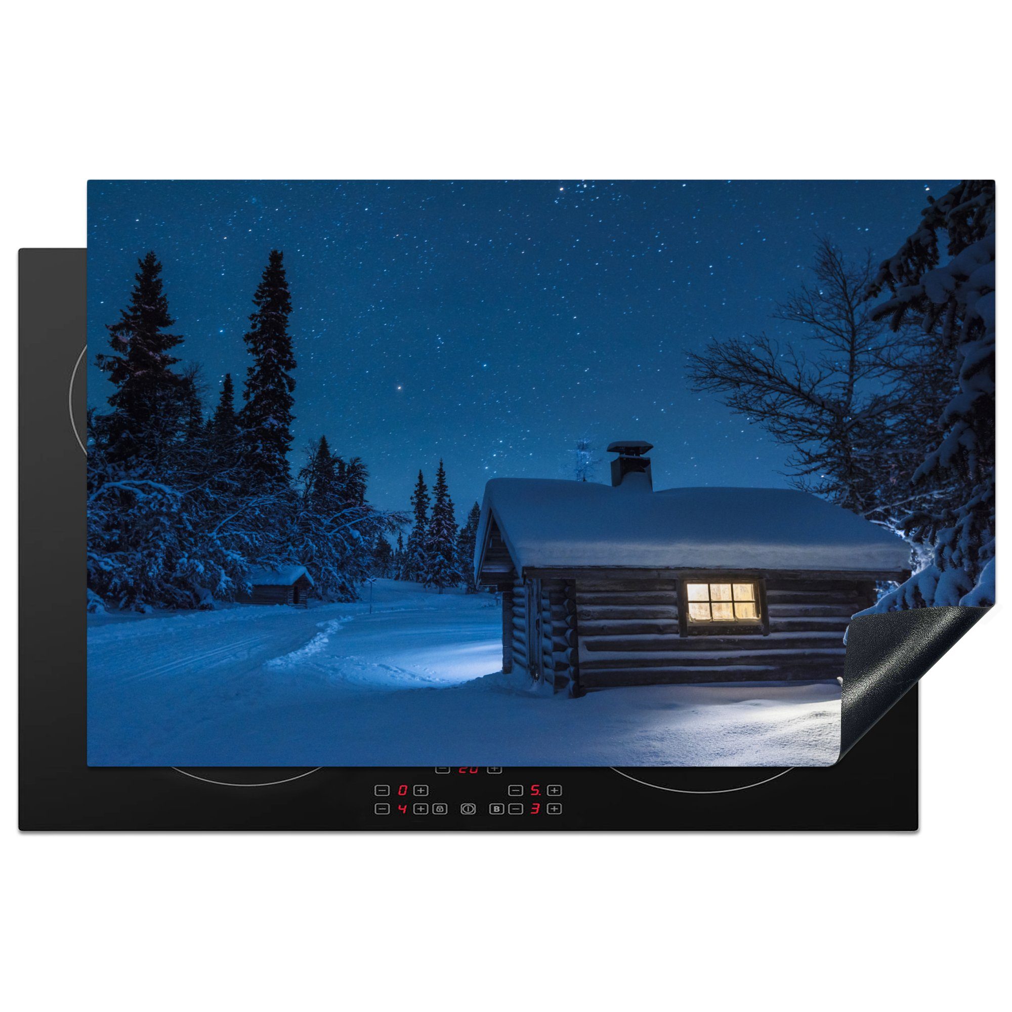 MuchoWow Herdblende-/Abdeckplatte Eine beleuchtete Blockhütte in einem dunklen Winter, Vinyl, (1 tlg), 81x52 cm, Induktionskochfeld Schutz für die küche, Ceranfeldabdeckung