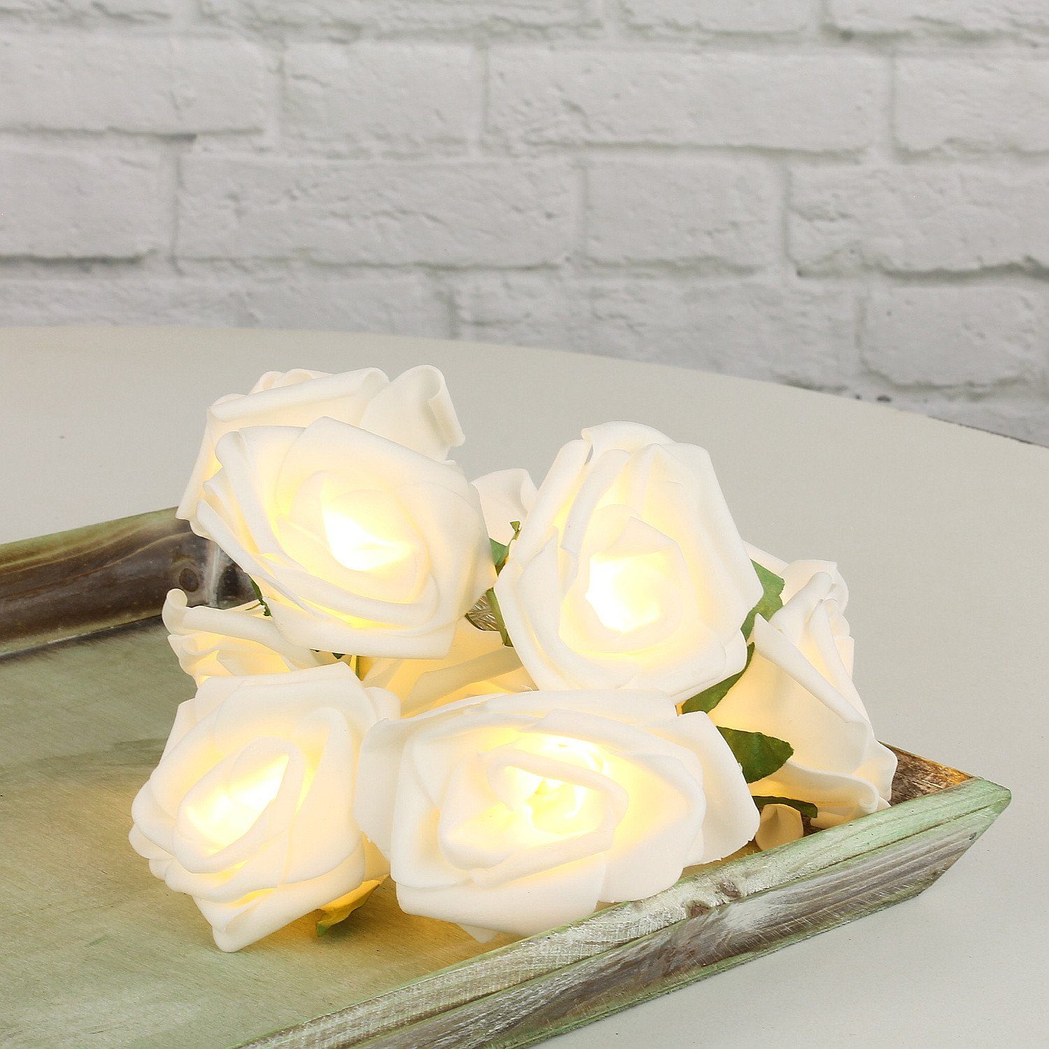 Warmweiß Romantik, 175 Kunstblumen Weiß batteriebetrieb cm Home Macosa mit LED 10 Lichterkette Rosen weiß LED-Lichterkette
