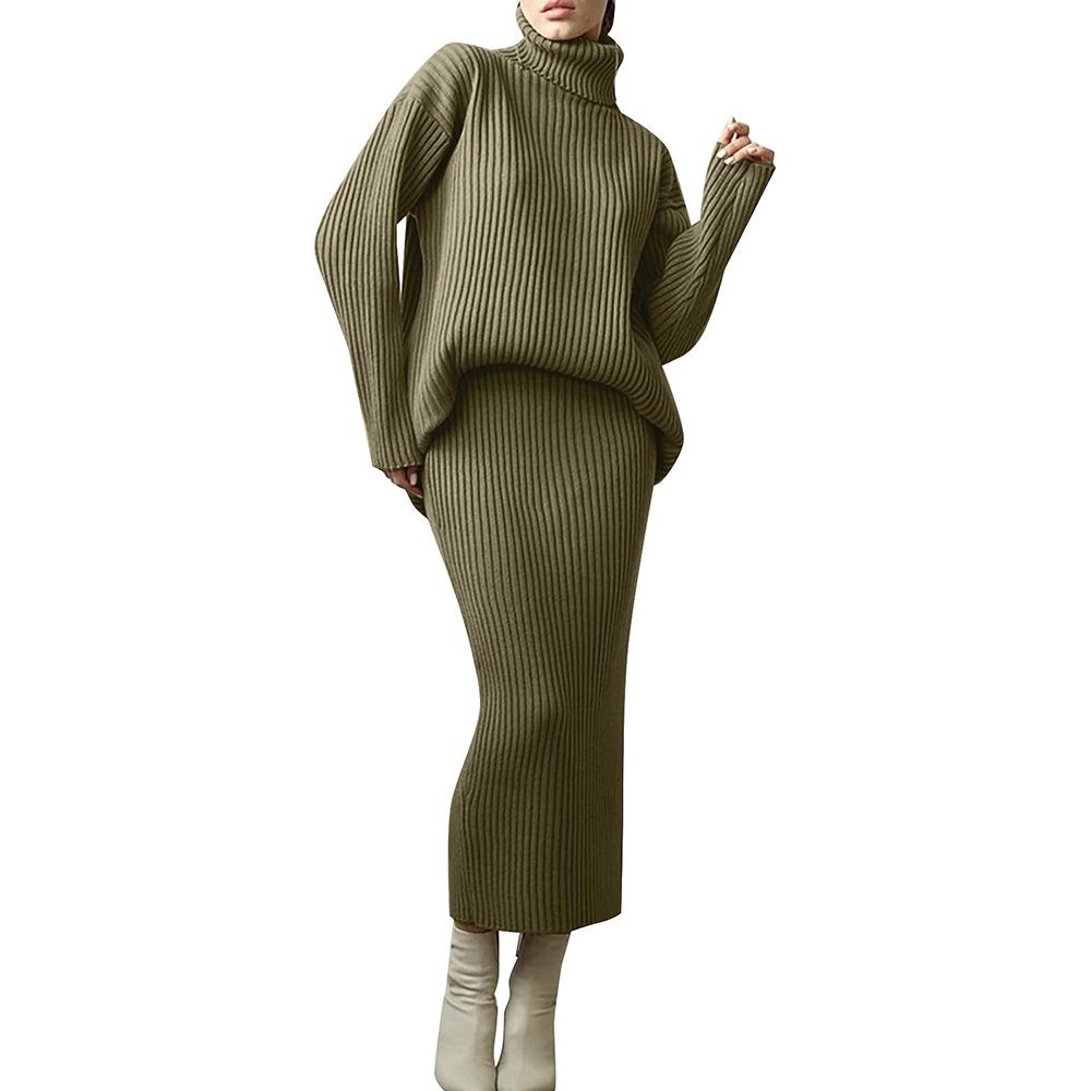 Zeaicos 2-in-1-Kleid Damen Pulloverkleid 2 Stück Set Strickpullover Grün