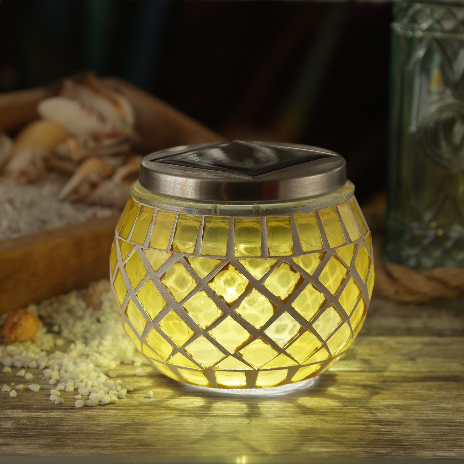 MARELIDA LED Solarleuchte Solar Windlicht Mosaik Glas Solarglas Mosaikleuchte für Balkon gelb, LED Classic, kaltweiss (5300K bis 6000K)