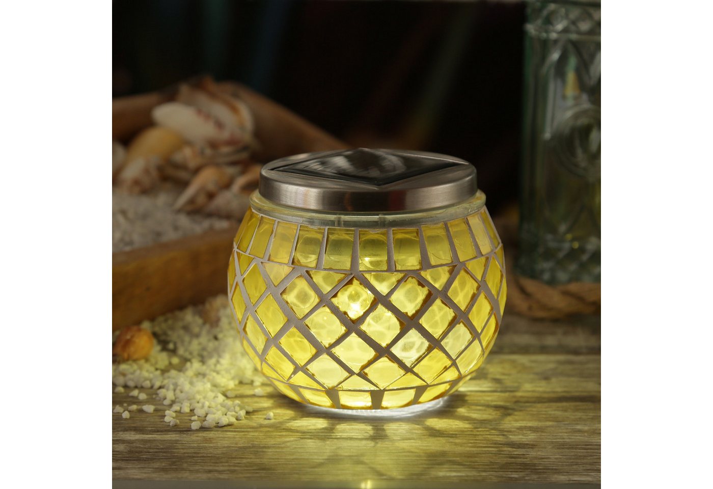 MARELIDA LED Solarleuchte Solar Windlicht Mosaik Glas Solarglas Mosaikleuchte für Balkon gelb, LED Classic, kaltweiss (5300K bis 6000K)