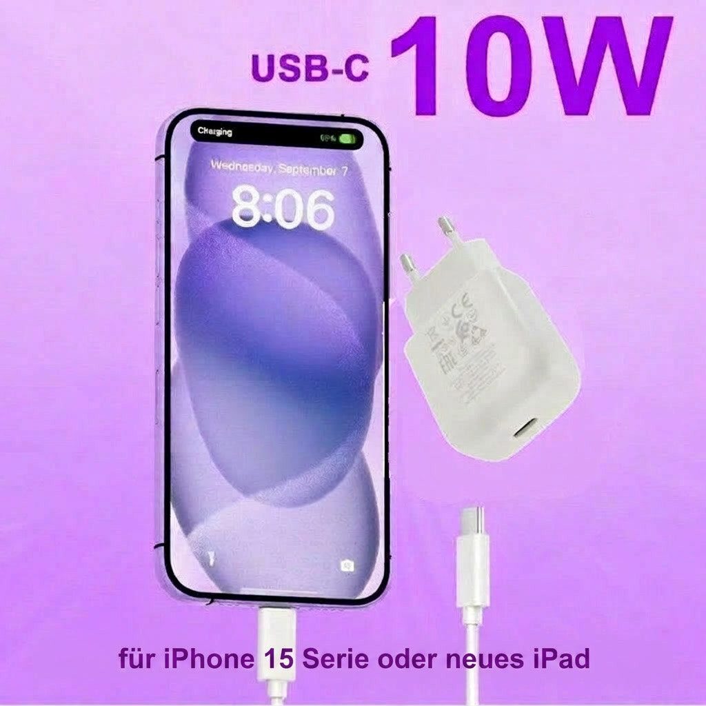 VEEV 10W Ladegerät USB C für iPhone und Samsung + 1 Meter Kabel Smartphone-Ladegerät (2000 mA, Spar-Set, 2-tlg., Kompatibel mit iPhone 17 Max Pro, iPhone 17/16/15, 1x Adapter 10 Watt + 1x Ladekabel USB-C auf USB-C)