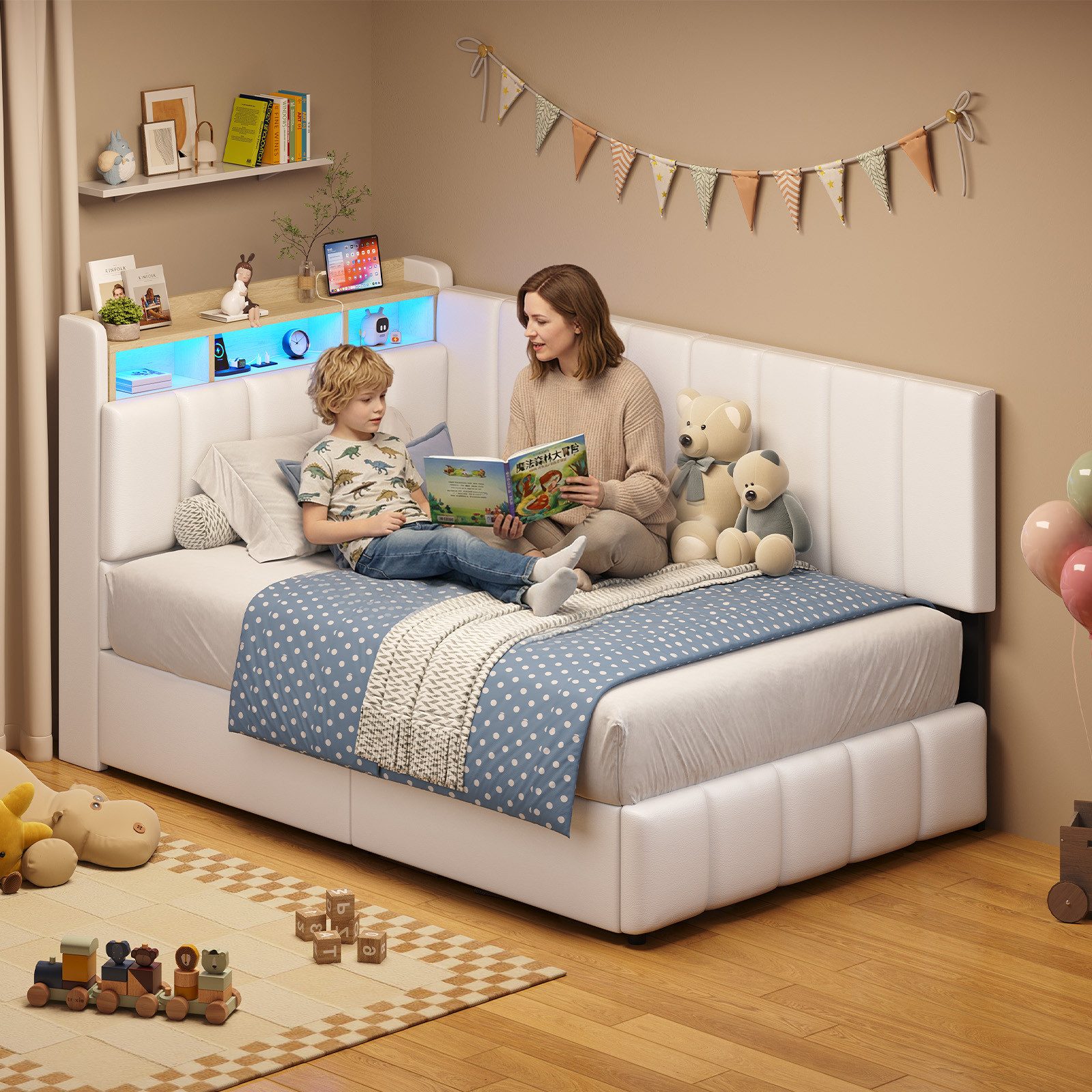 KIMENICH Jugendbett Polsterbett mit LED, Ladestation & Bettkas, Daybett, Schlafsofa (Ohne Matratze), Tagesbett für Schlaf- und Gästezimmer in 90 x 200 cm