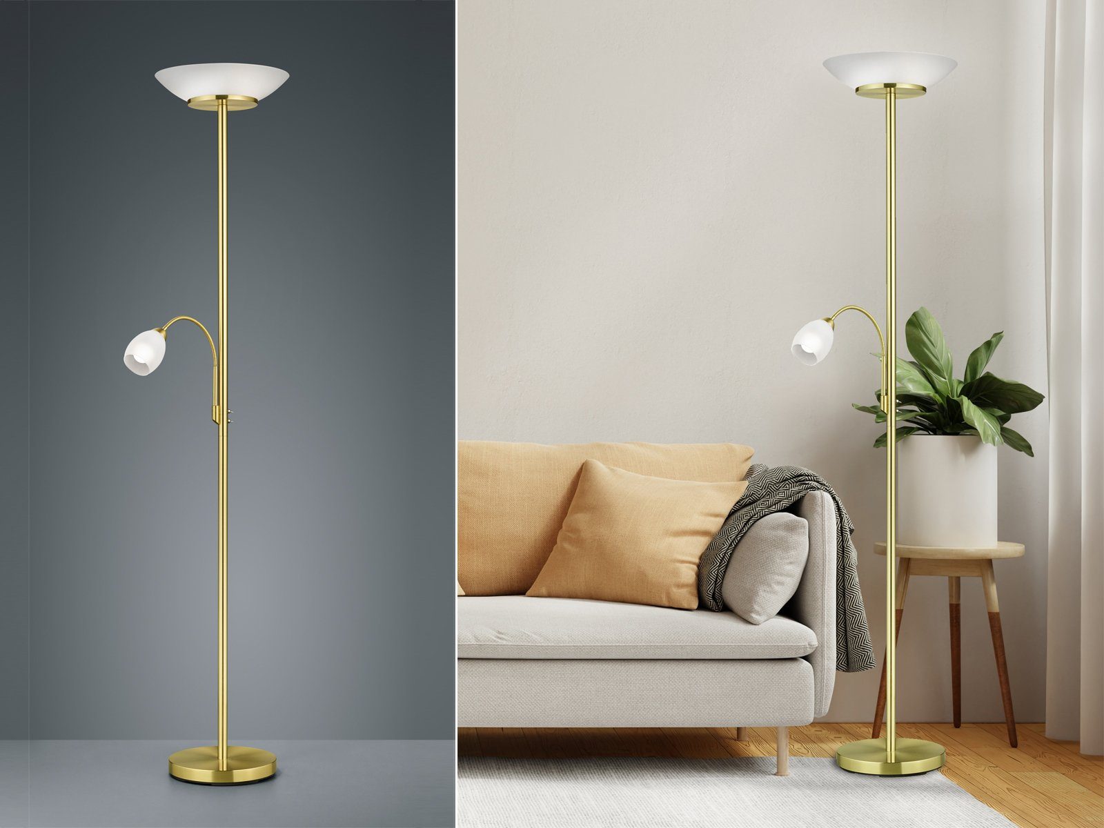 Lesearm, LED mit Glas meineWunschleuchte Stehlampe 180cm wechselbar, Höhe Leselampe Messing-Weiß LED Warmweiß, Gold-en Deckenfluter, Vintage Lampenschirm-e