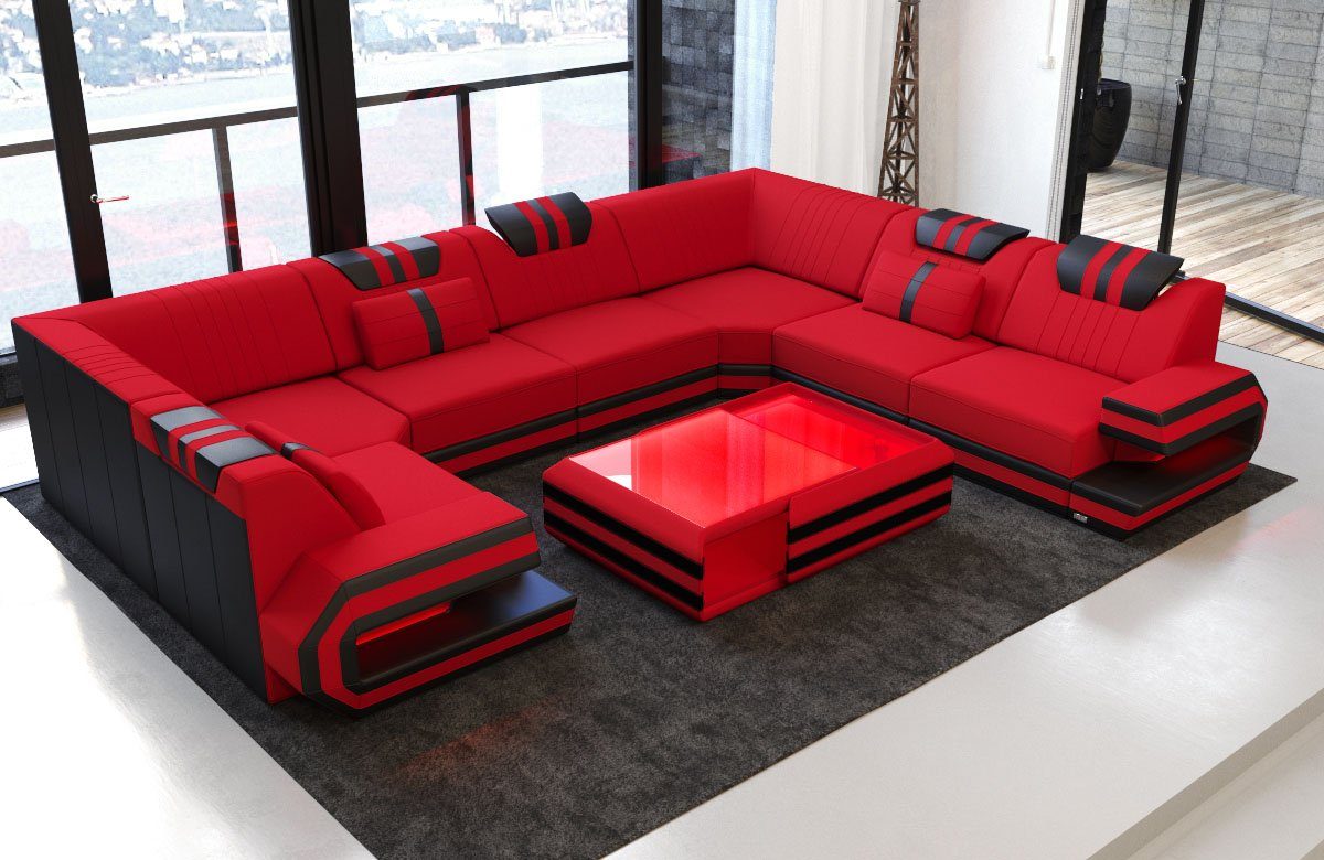 Sofa Dreams Wohnlandschaft Polster Stoff Design Sofa Ragusa U Form M Mikrofaser Stoffsofa, Couch wahlweise mit Hocker rot-schwarz