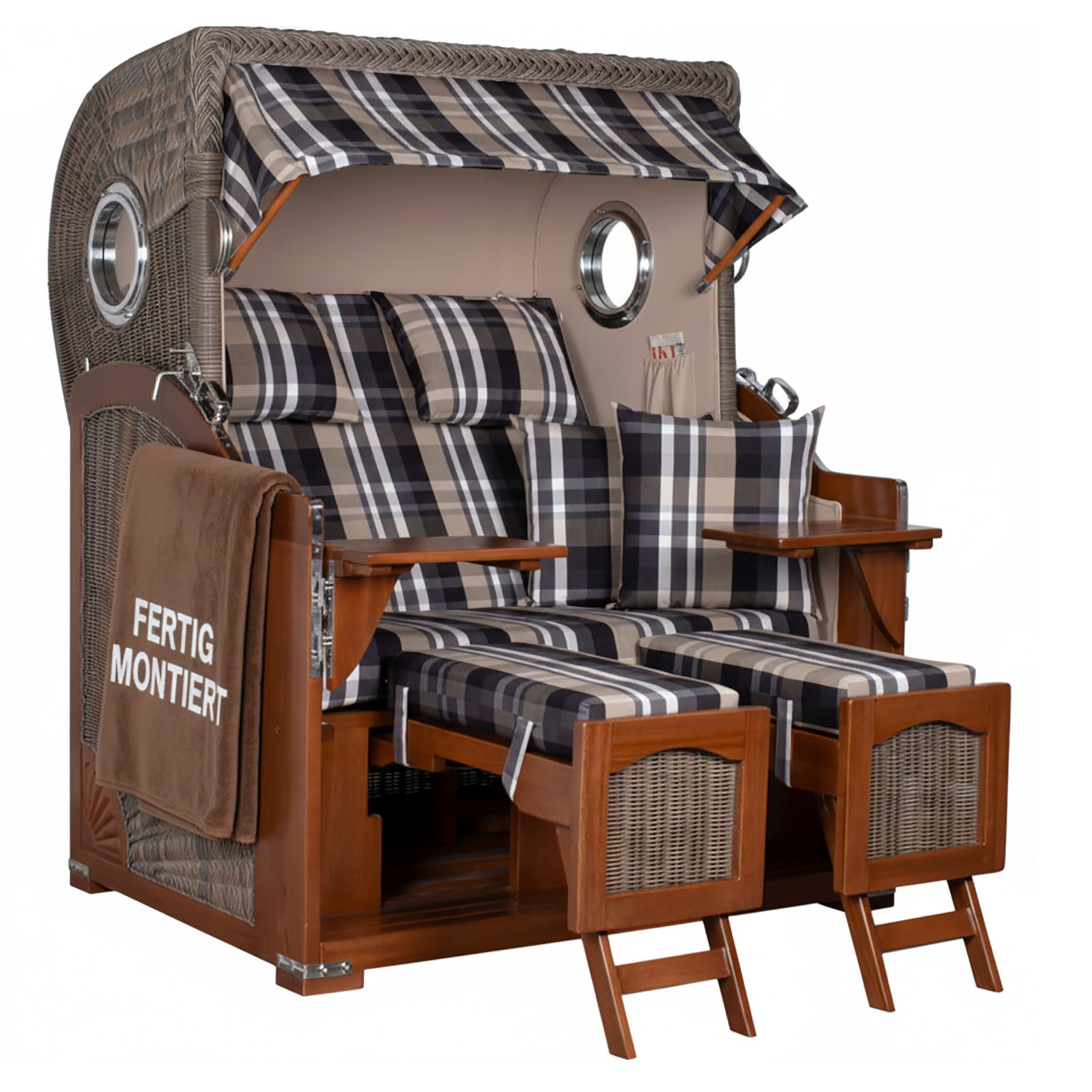 MR.DEKO Strandkorb 2-Sitzer Düne Bullauge Vollholz PE-Geflecht grau 125x170x80, BxTxH: 125x80x170 cm, 2-Sitzer Strandkorb, Strandkorb Düne Bullauge, (Fertig montierter Strandkorb für Garten, Terrasse & Balkon), Wetterfester Volllieger mit Edelstahlbeschlägen & waschbaren Polstern