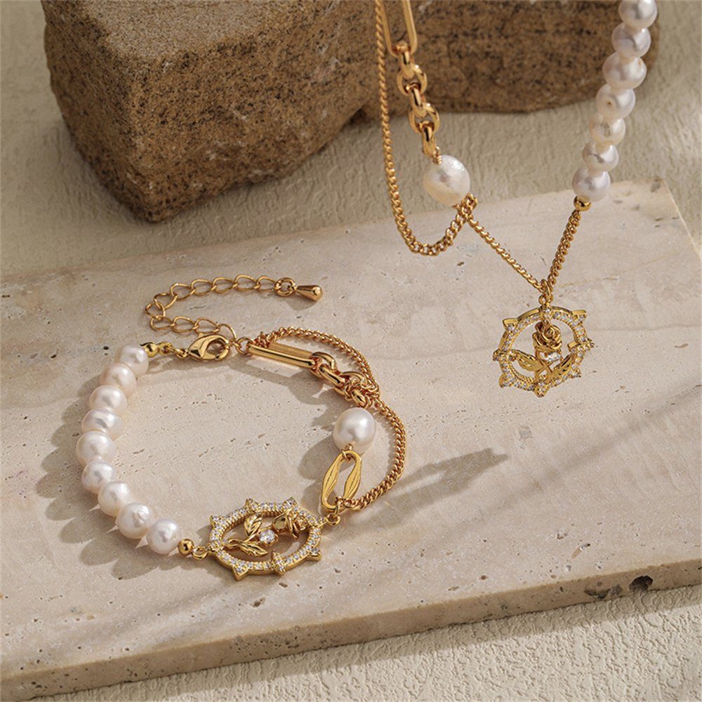 Rouemi Perlenkette Damen Pearl Anhänger Armband Pearl Halskette, Rose Goldfarben-A Vintage