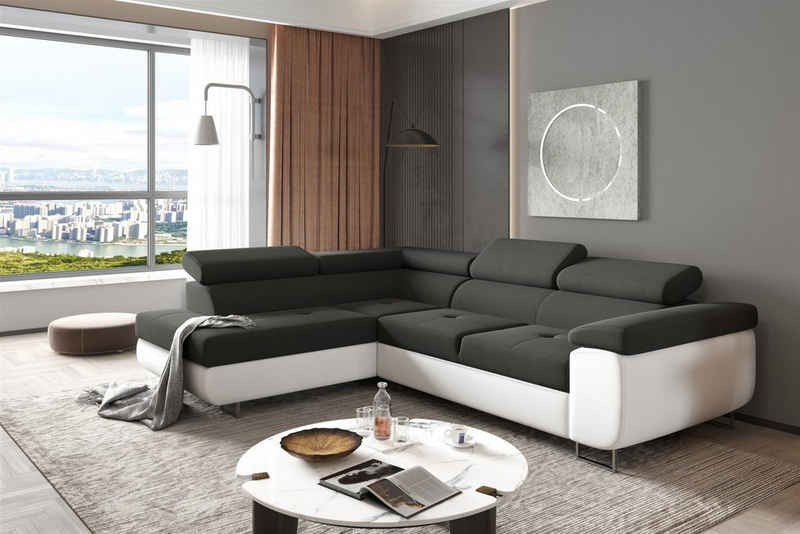 Fun Möbel Ecksofa Couchgarnitur JADE Weiß-Schwarz mit Schlaffunktion Ottomane Rechts oder Links, 1 Teile, mit Schlaffunktion, mit Bettkasten, echt bezogener Rücken, 2 x Kopfteil abklappbar