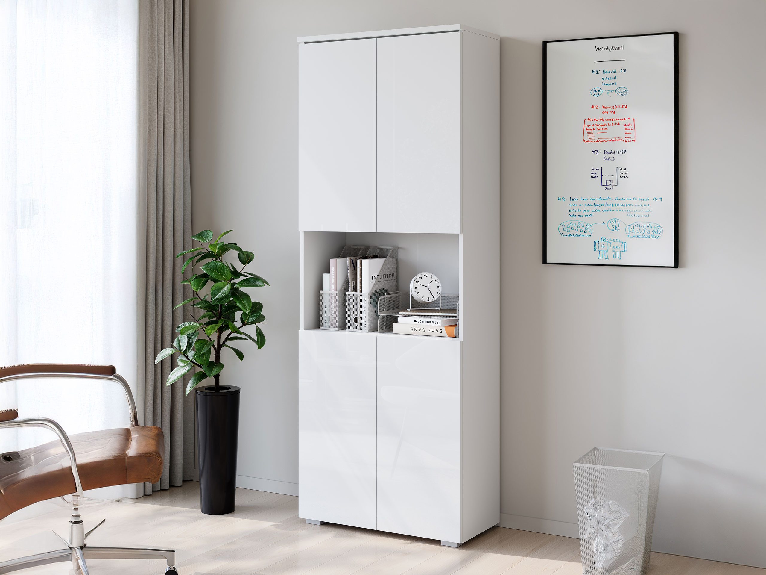 MIRJAN24 Regal Vera, mit vier Drehtüren, Weiße LED-Beleuchtung, 68x33x182 cm