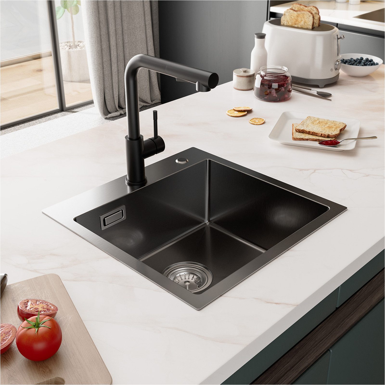 Sofetiy max Küchenspüle Edelstahl Einbauspüle Spülbecken 45x45 cm Eckig Edelstahlspüle, mit 2 HahnLöcher, 1 Becken, mit Ablaufgarnitur