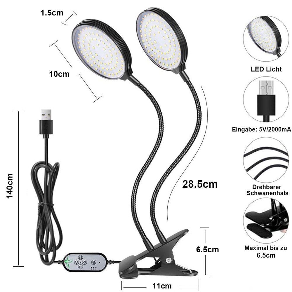 Timer, Pflanzenlampe Vollspektrum Rosnek (4000K), sonnenähnliches Sonnenähnliches Vollspektrum, Clip, dimmbar, 1/2/3/4 für wasserdicht Zimmerpflanzen, Sonnenlicht Köpfe, ein