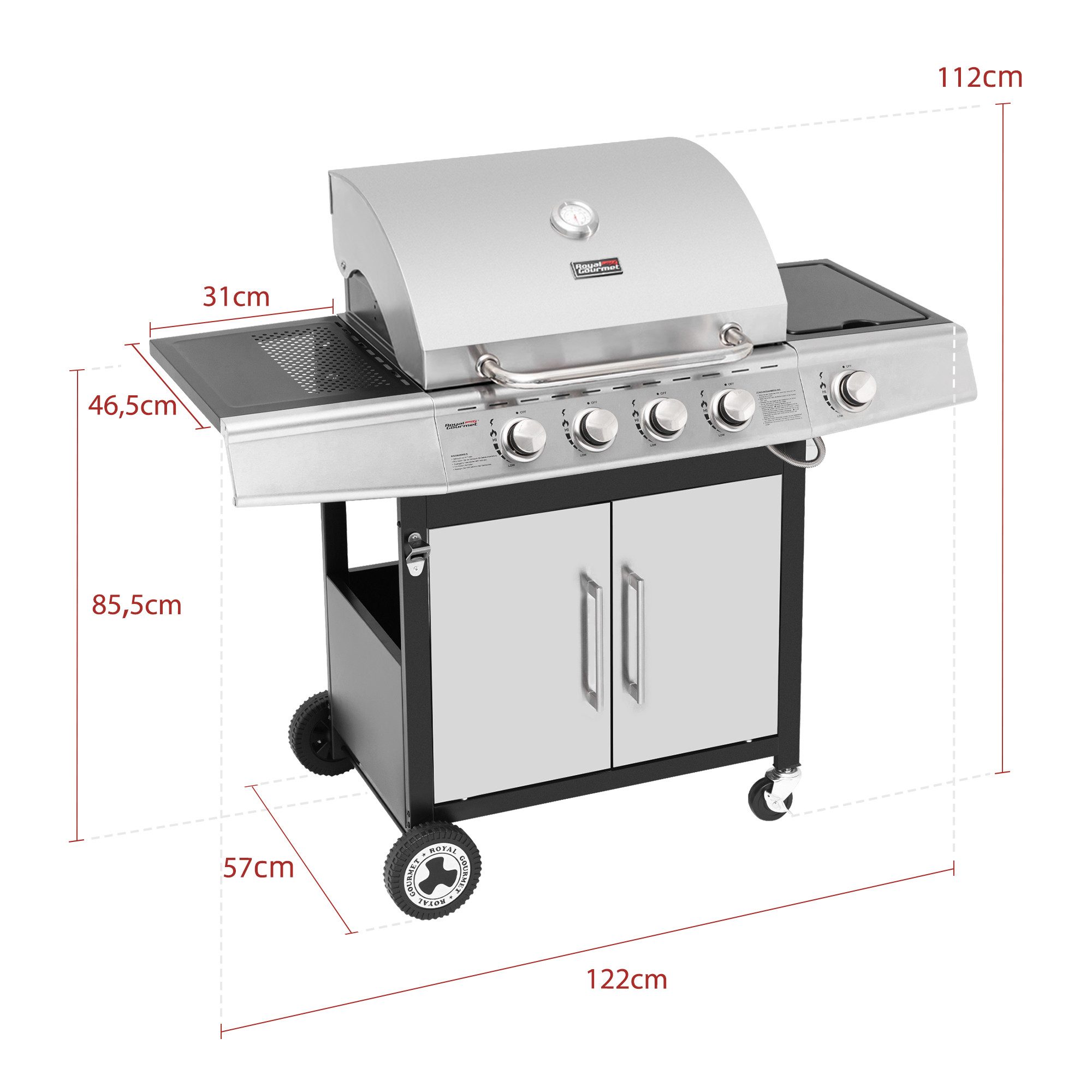 Royal Gourmet Gasgrill 4+1 Brenner Grillwagen mit Seitenbenner, automatischer Zündung, mit 14,5 kW Camping Gasgrill